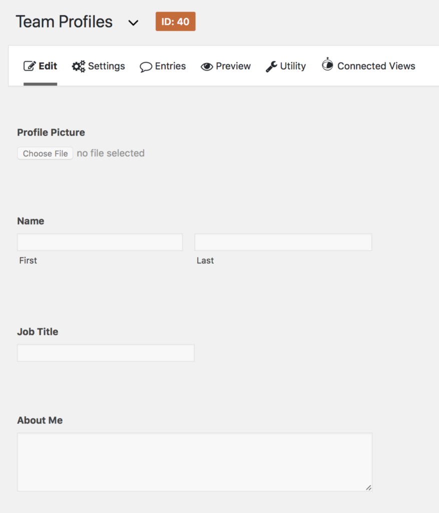 The "Team Profiles" form inside Gravity Forms
