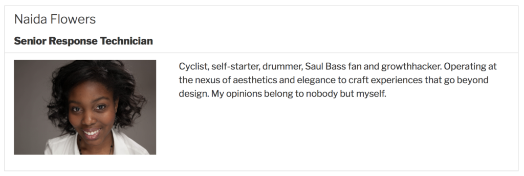 An entry being displayed in GravityView with a name, job title, picture, and bio