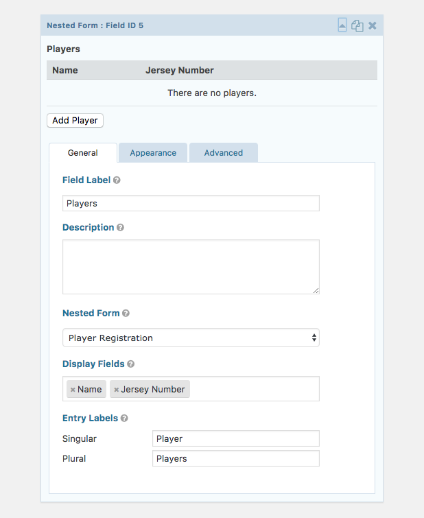 Players Jersey Number Form Editor Nested Field Settings