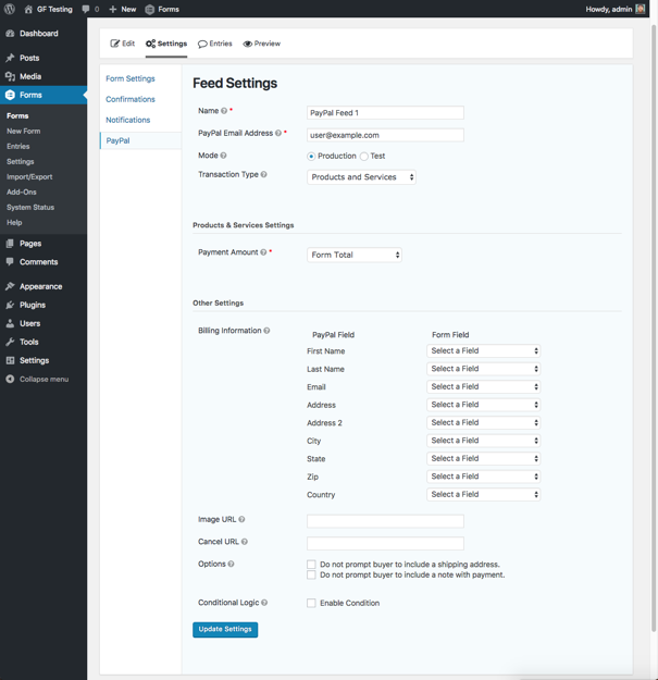 WordPress PayPal Form Payments Feed Settings