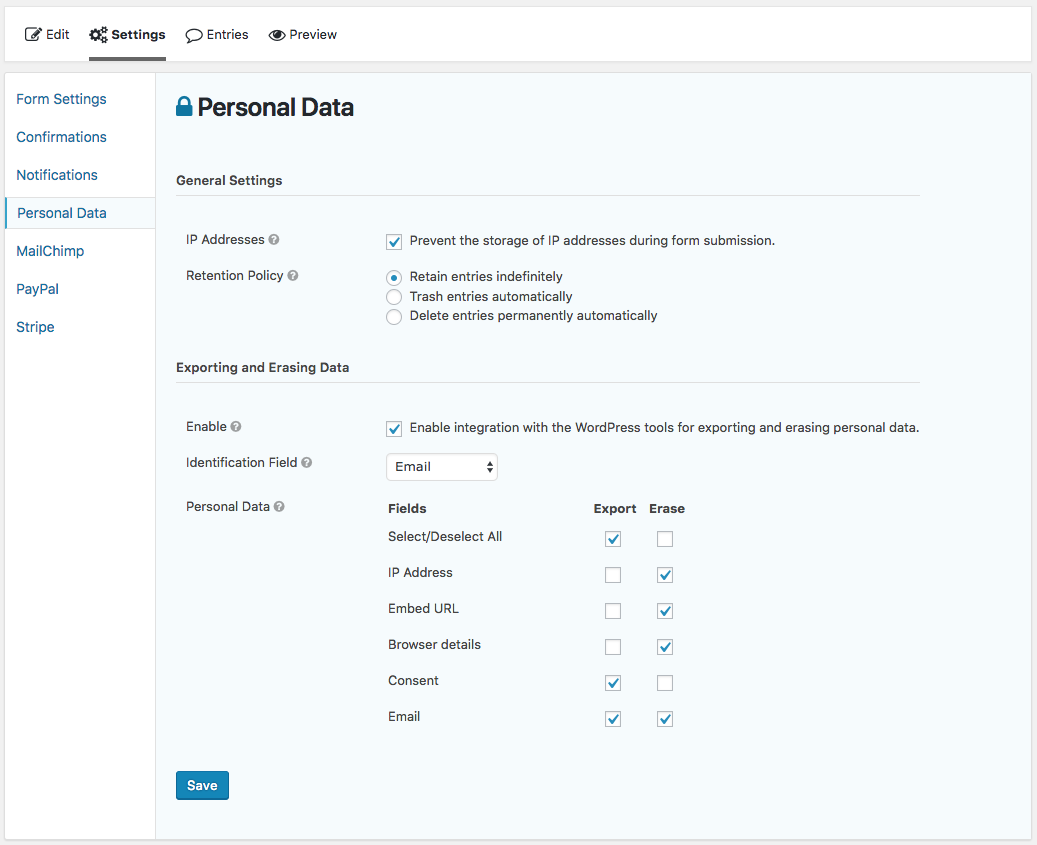 Gravity Forms Data Retention Settings