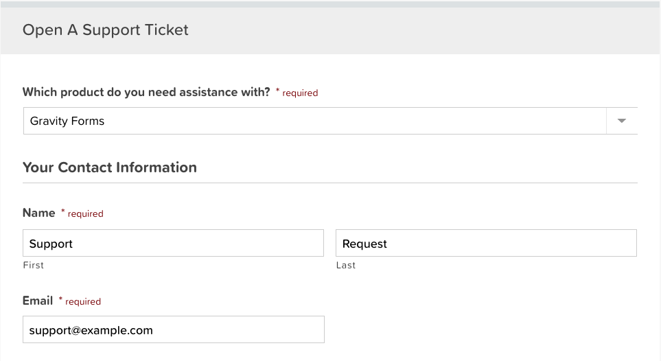 Gravity Forms Support Form Screenshot