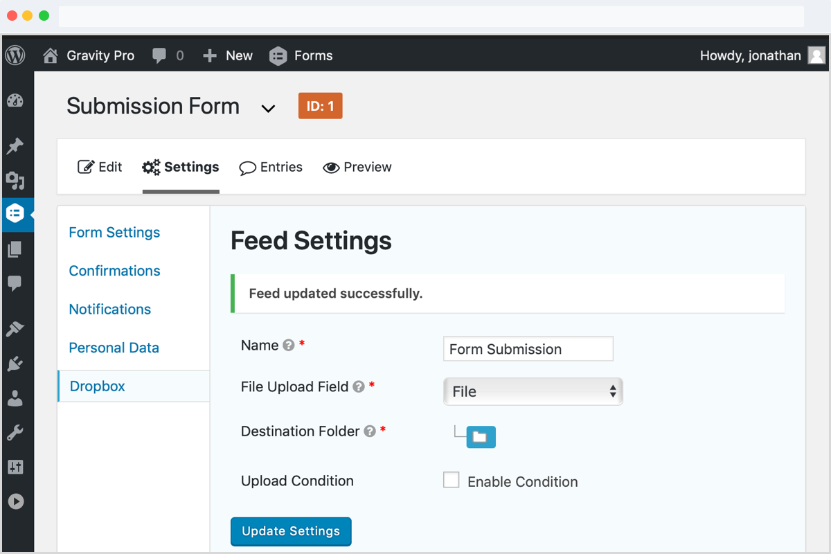Gravity Forms Dropbox Add-On integration