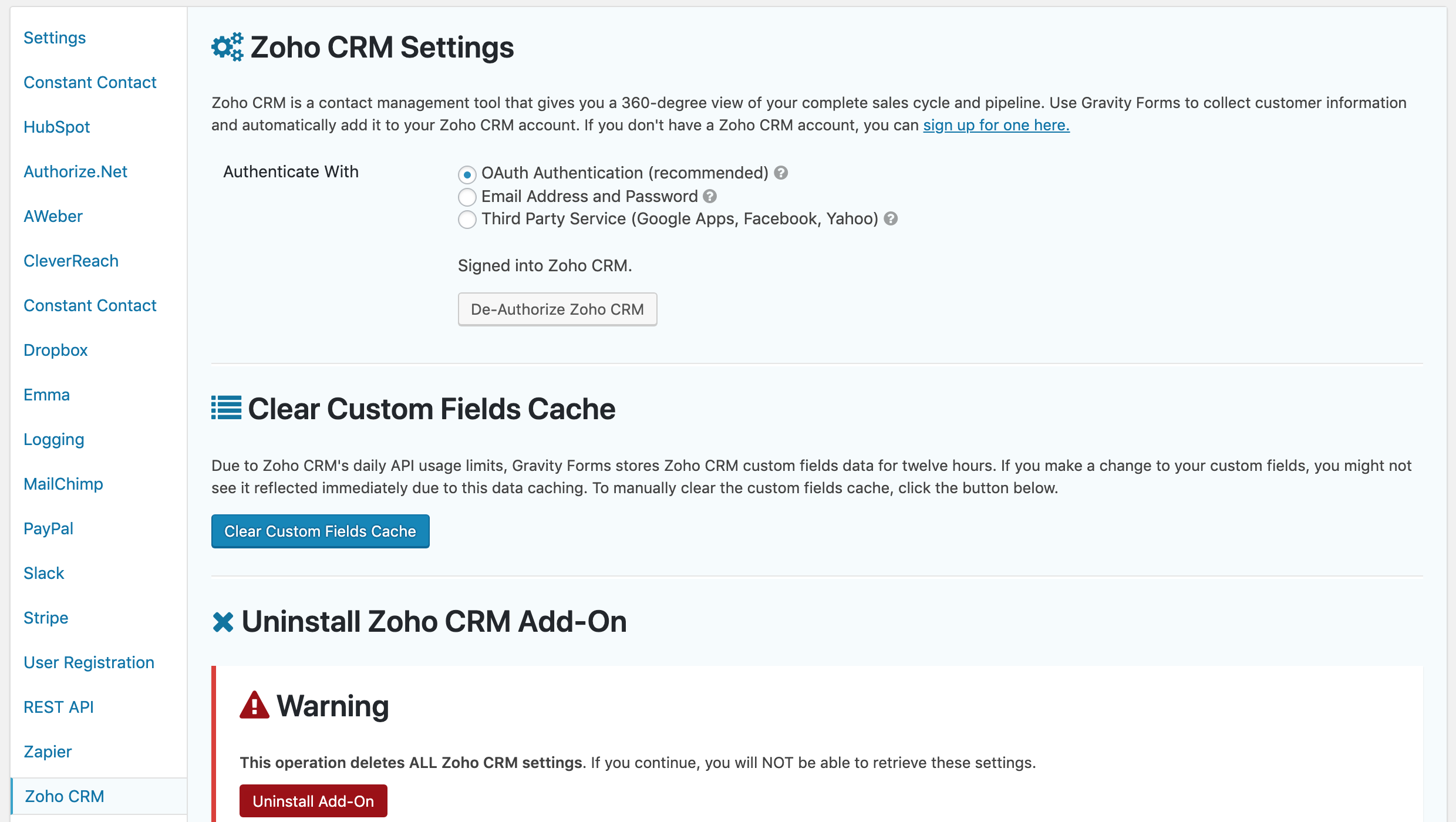 Zoho CRM Add-On New Settings