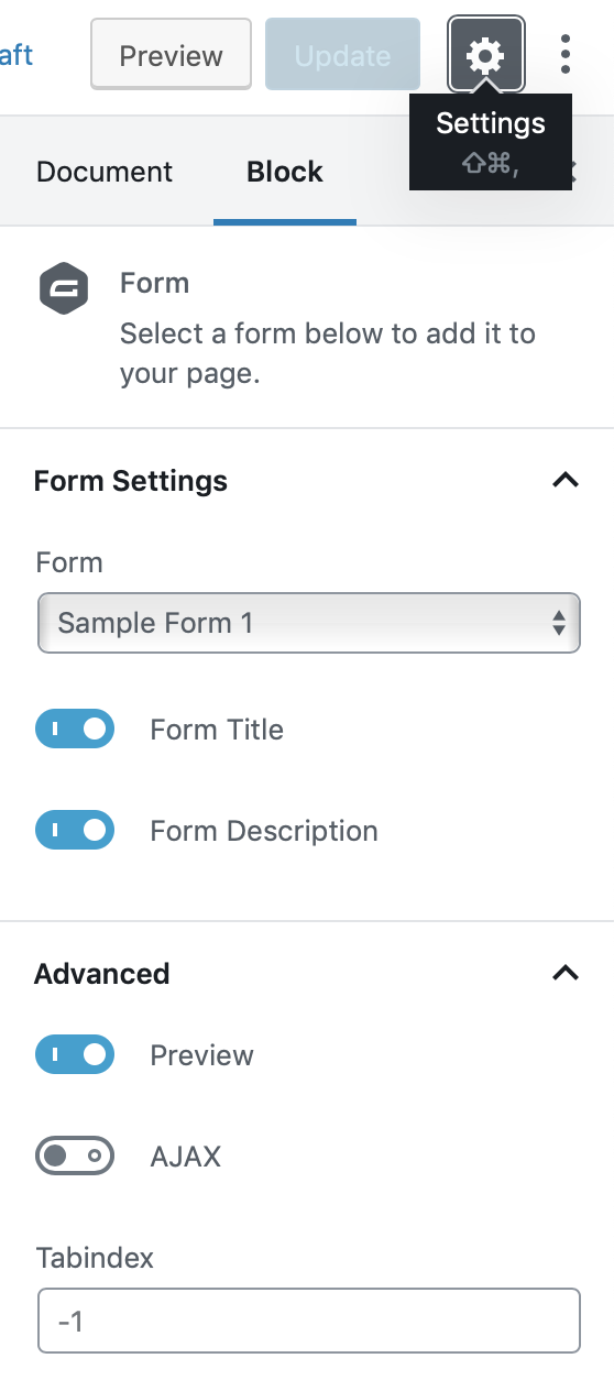 Gravity Forms block settings