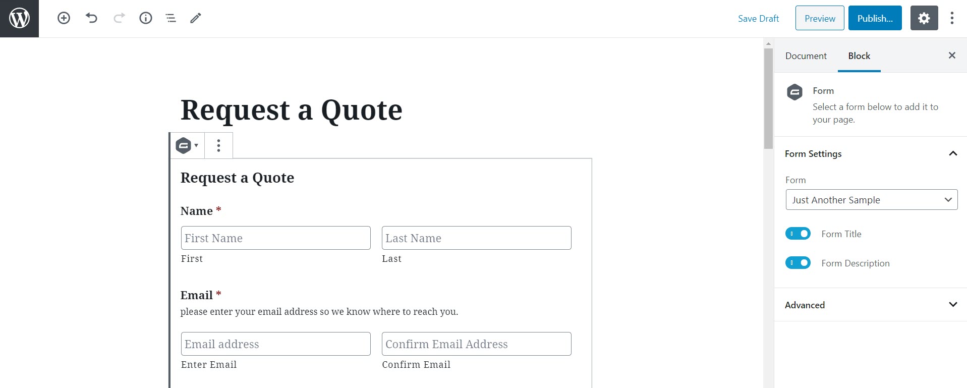 Request a Quote - Block Editor