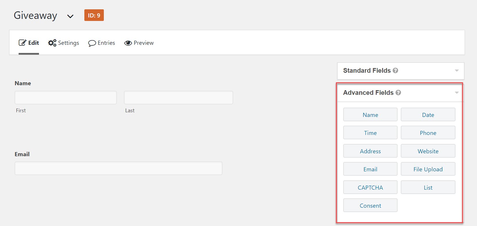 Giveway Form Fields
