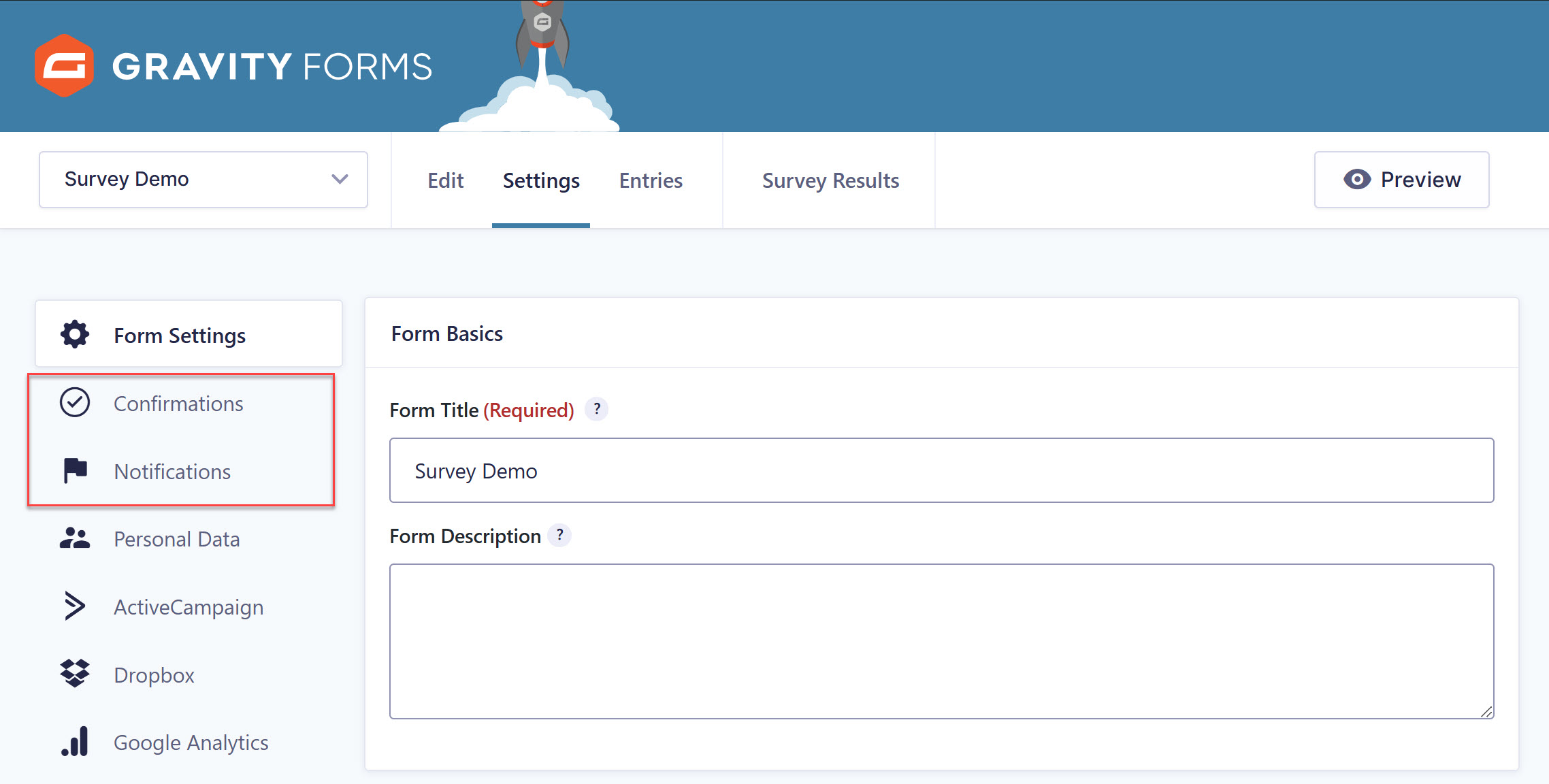 Form Settings Survey Form