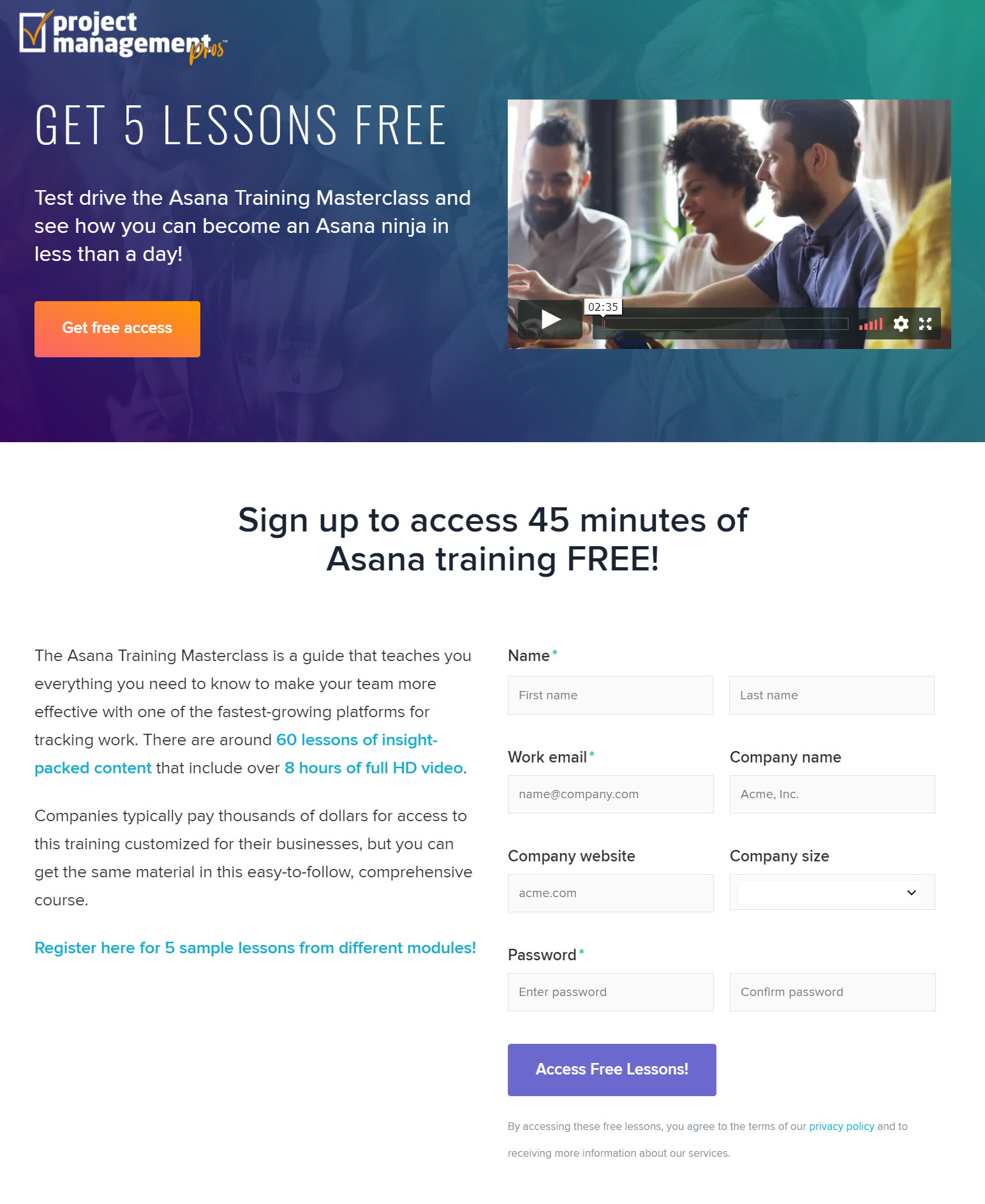 Asana Masterclass Landing Page