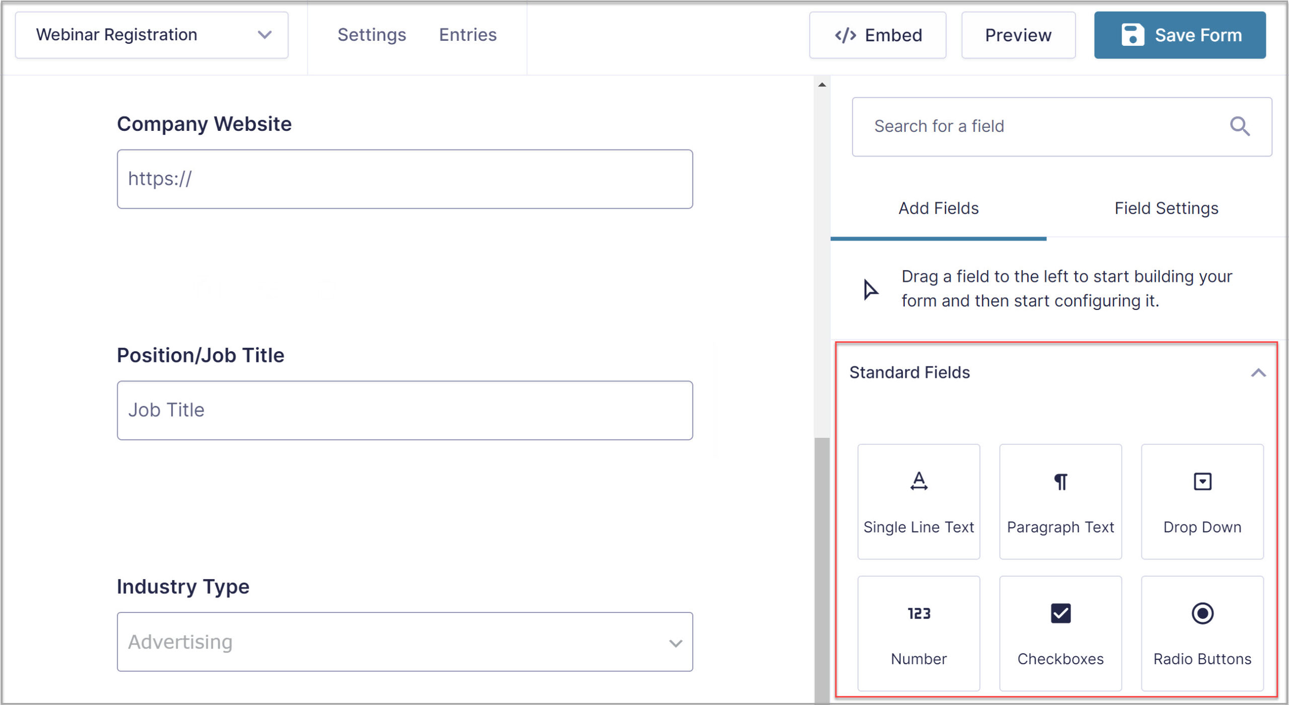 Form Editor Standard Fields