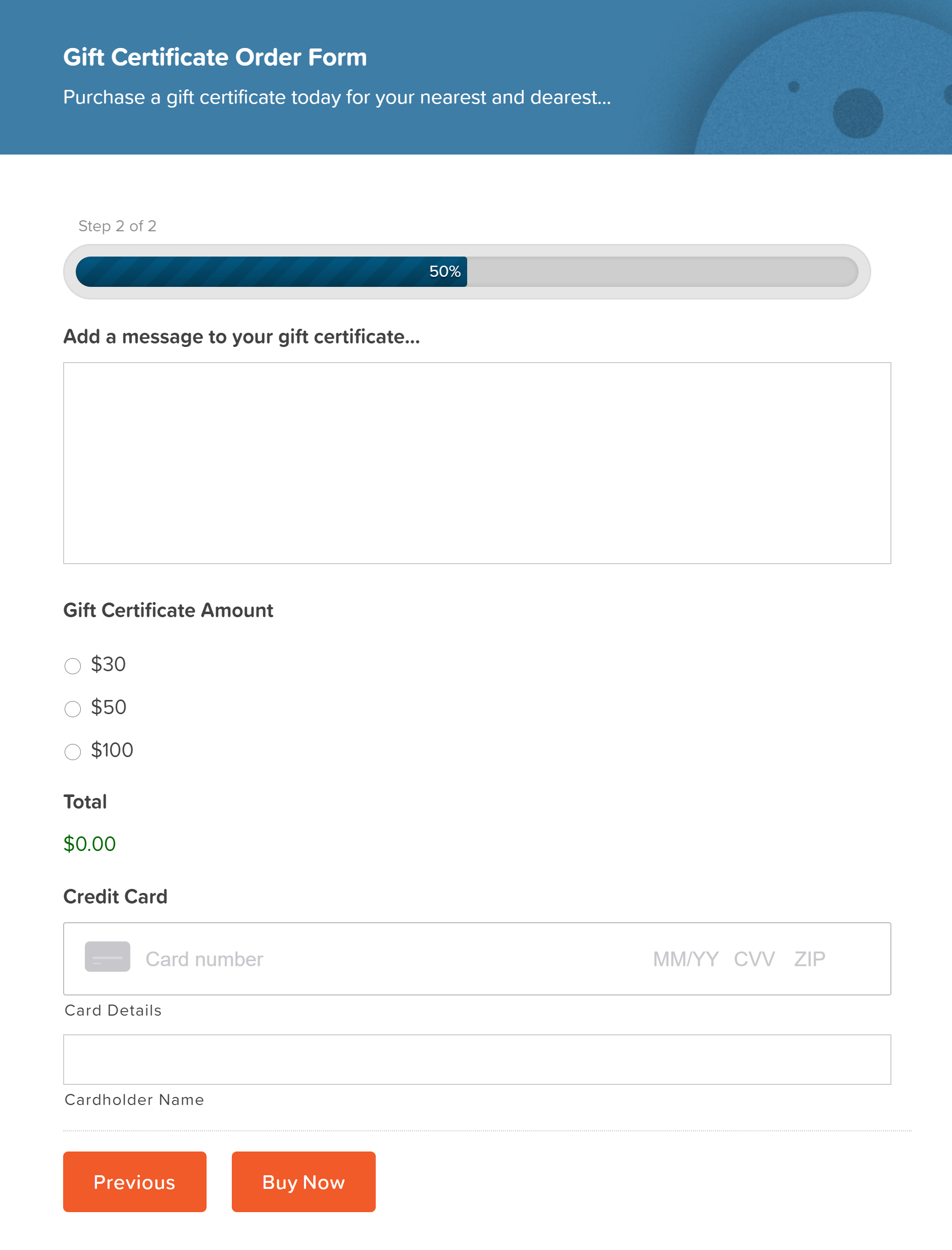Gift Certificate Order Form Payment