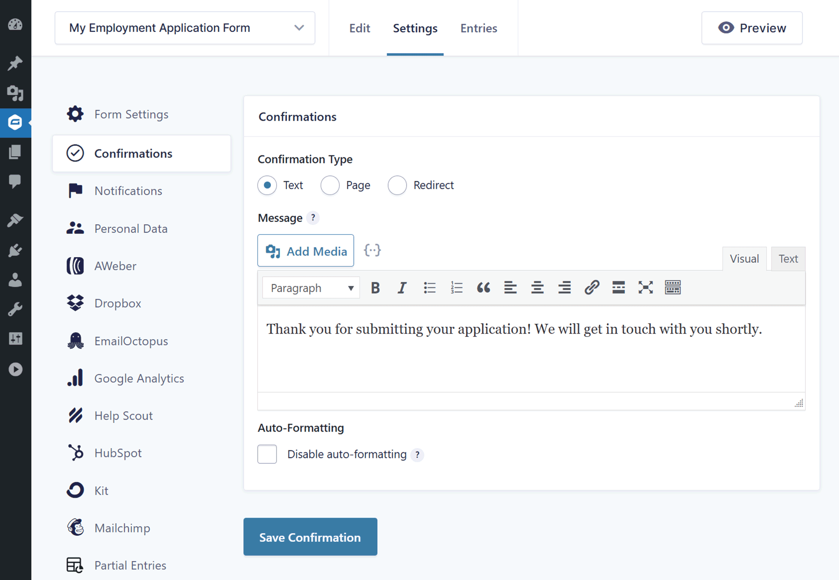Form Confirmation Message