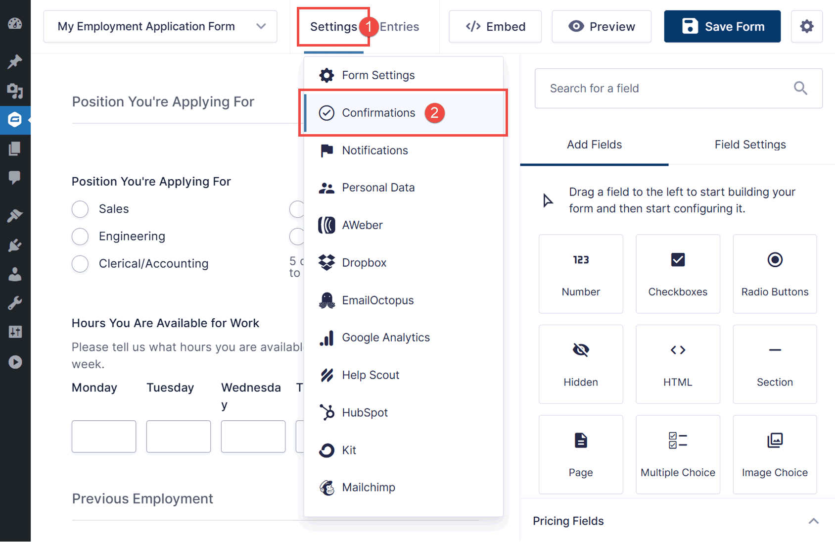 Form Editor Settings Menu