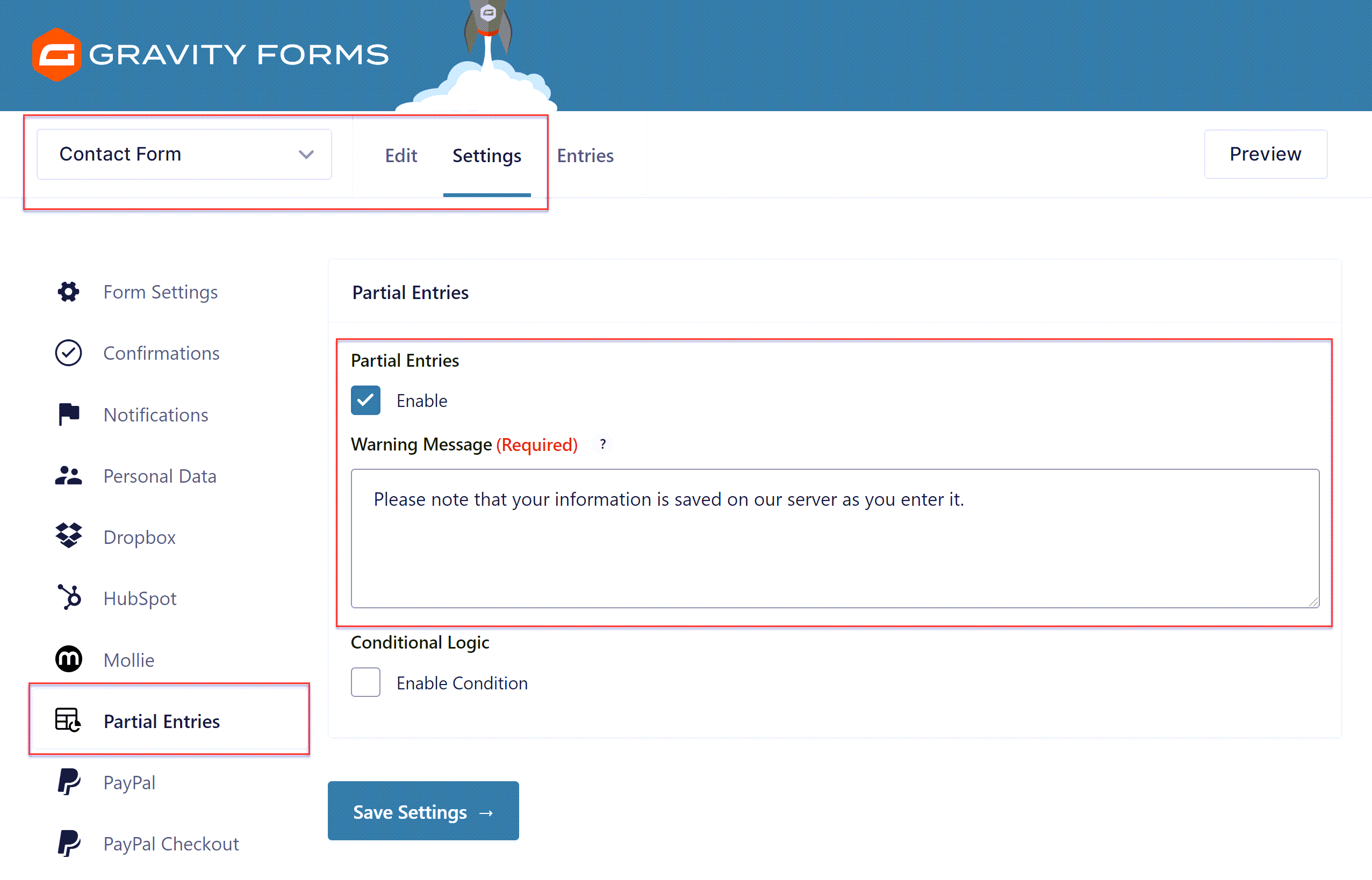 Partial Entries Form Feed