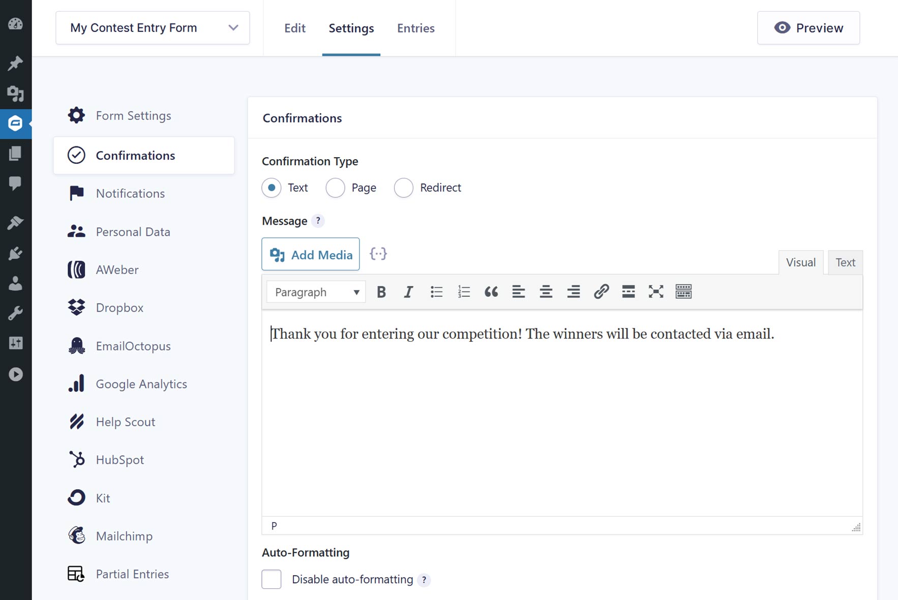 Form Confirmation Settings