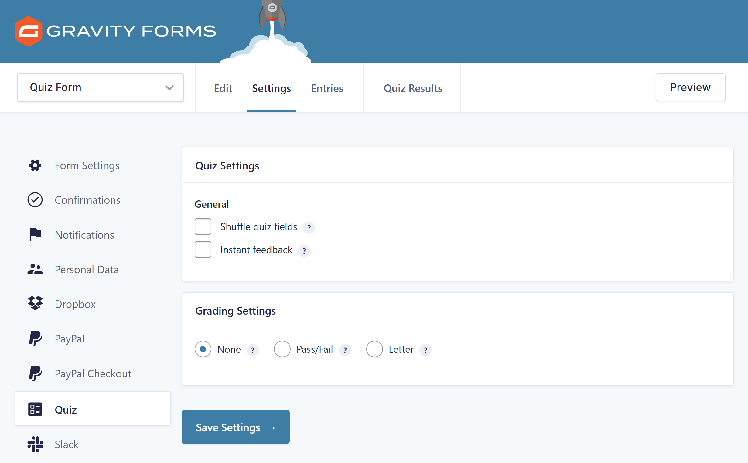 Quiz Form Settings