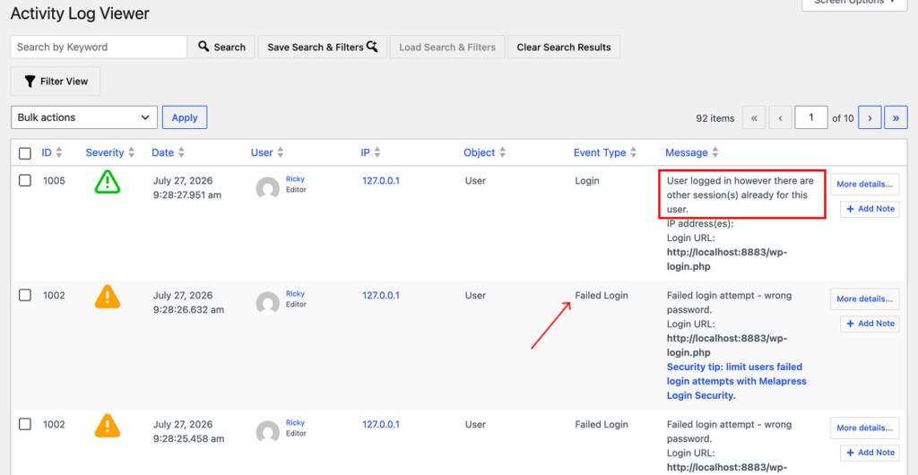Failed login attempts in activity log viewer
