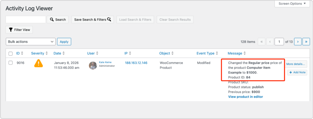 Price changes shown in activity viewer
