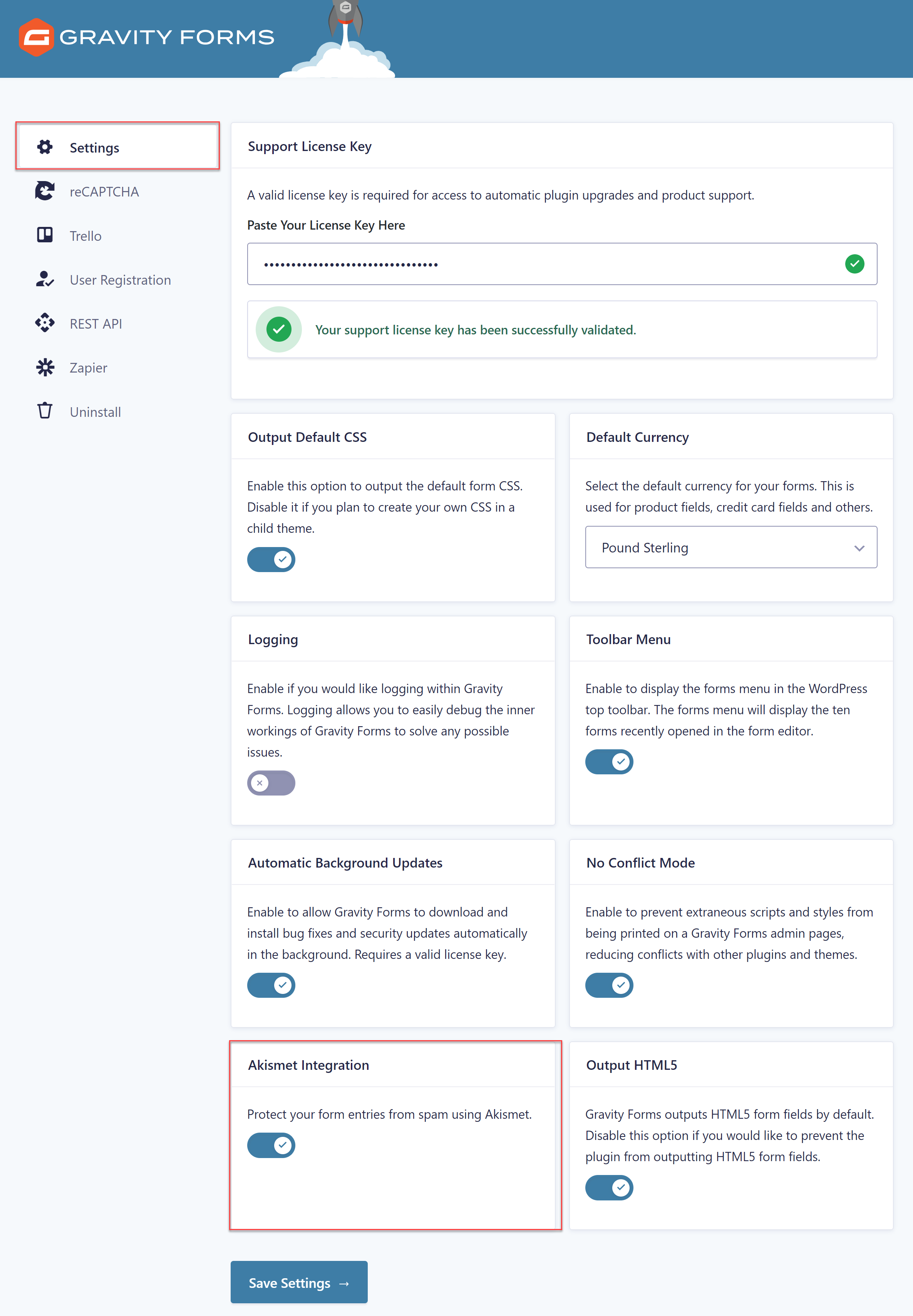 Gravity Forms Settings