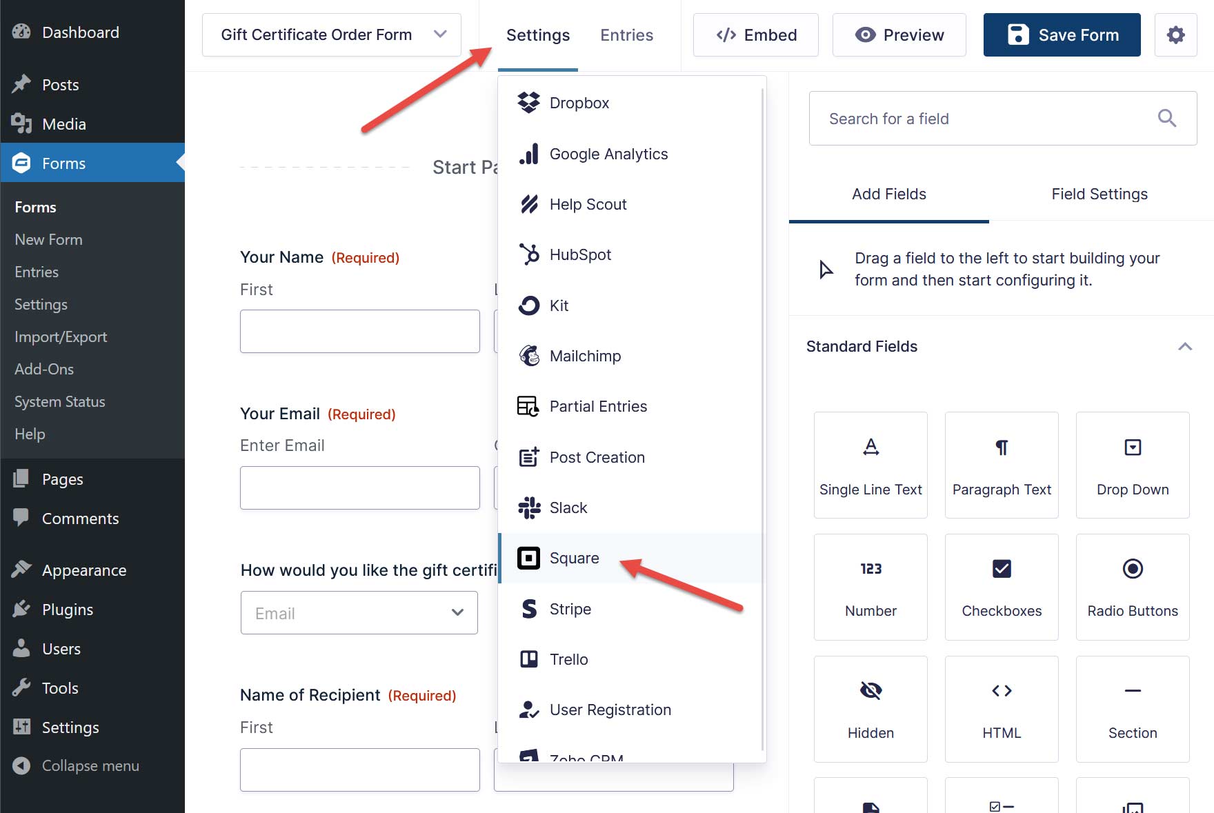 Form Settings Menu