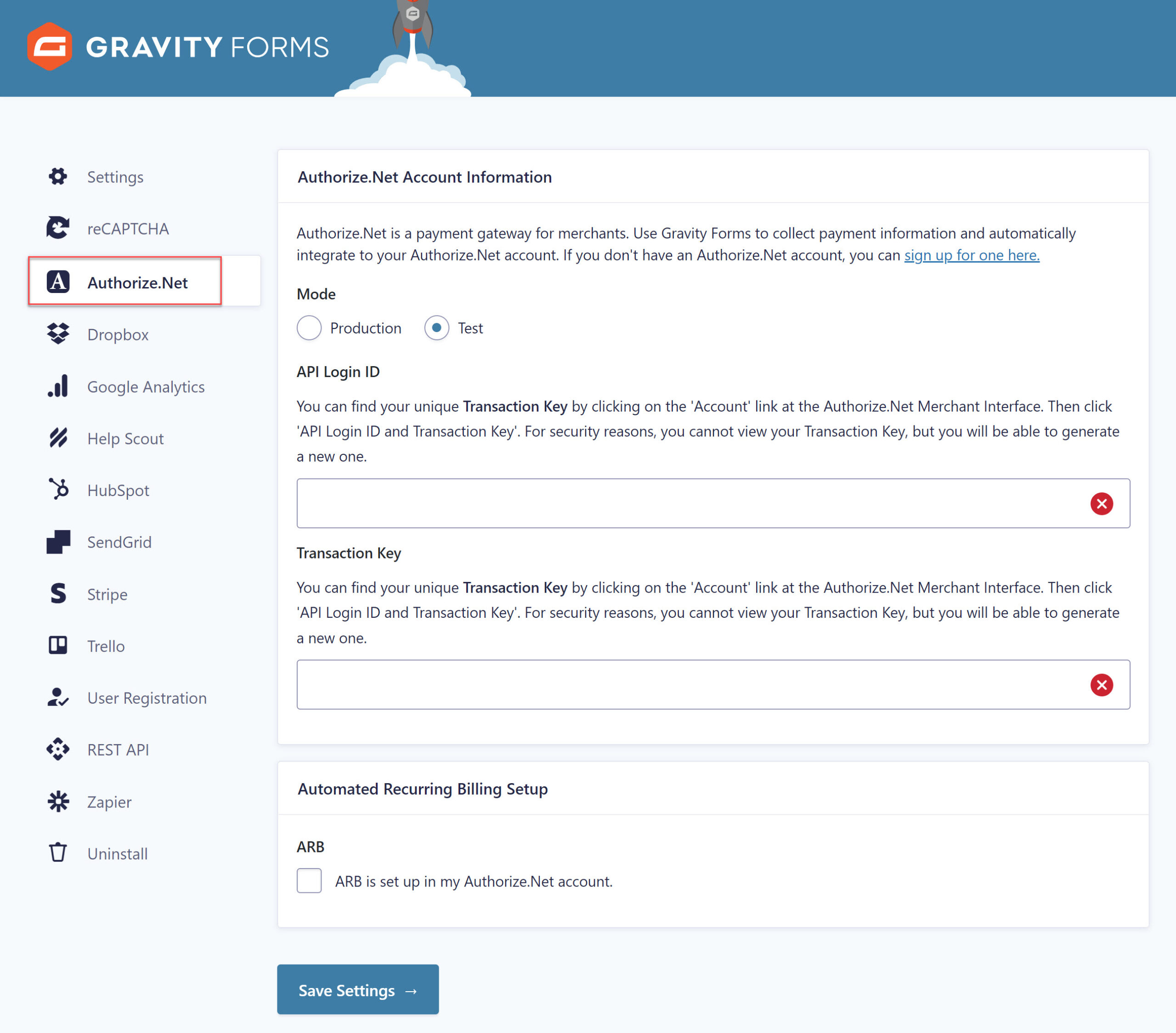 Authorize.Net Settings
