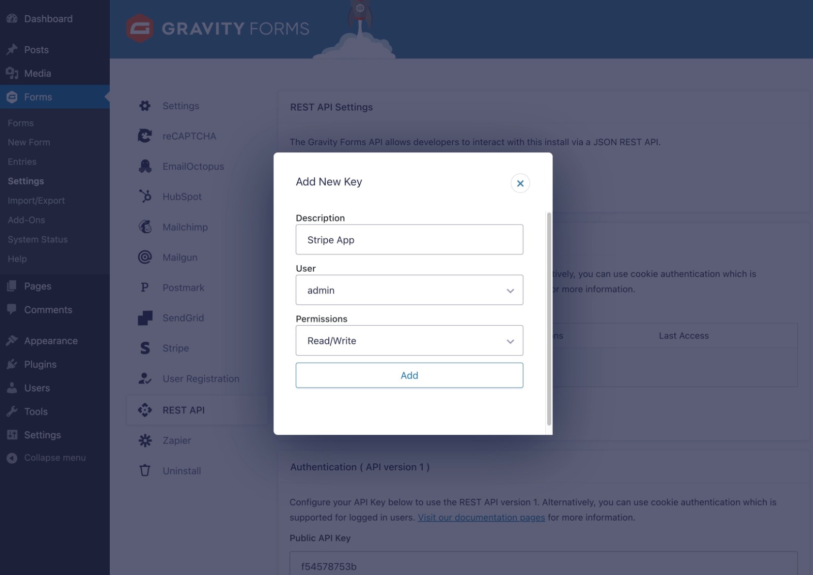 Configuring the Gravity Forms API key for the Stripe app