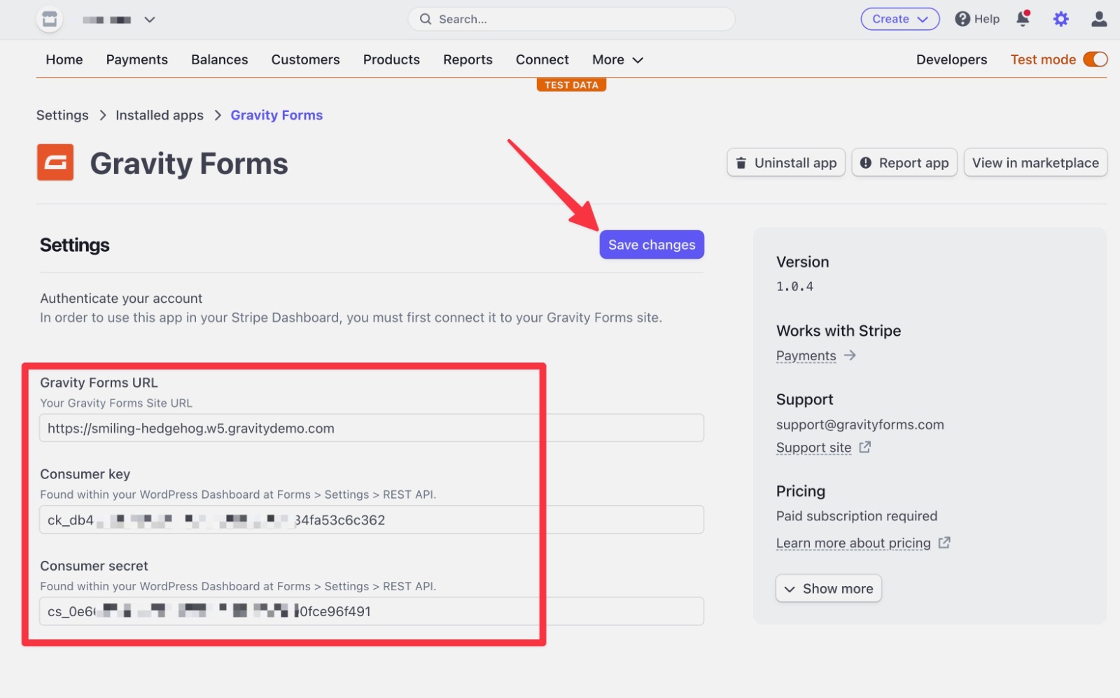 Add API key to Stripe app settings