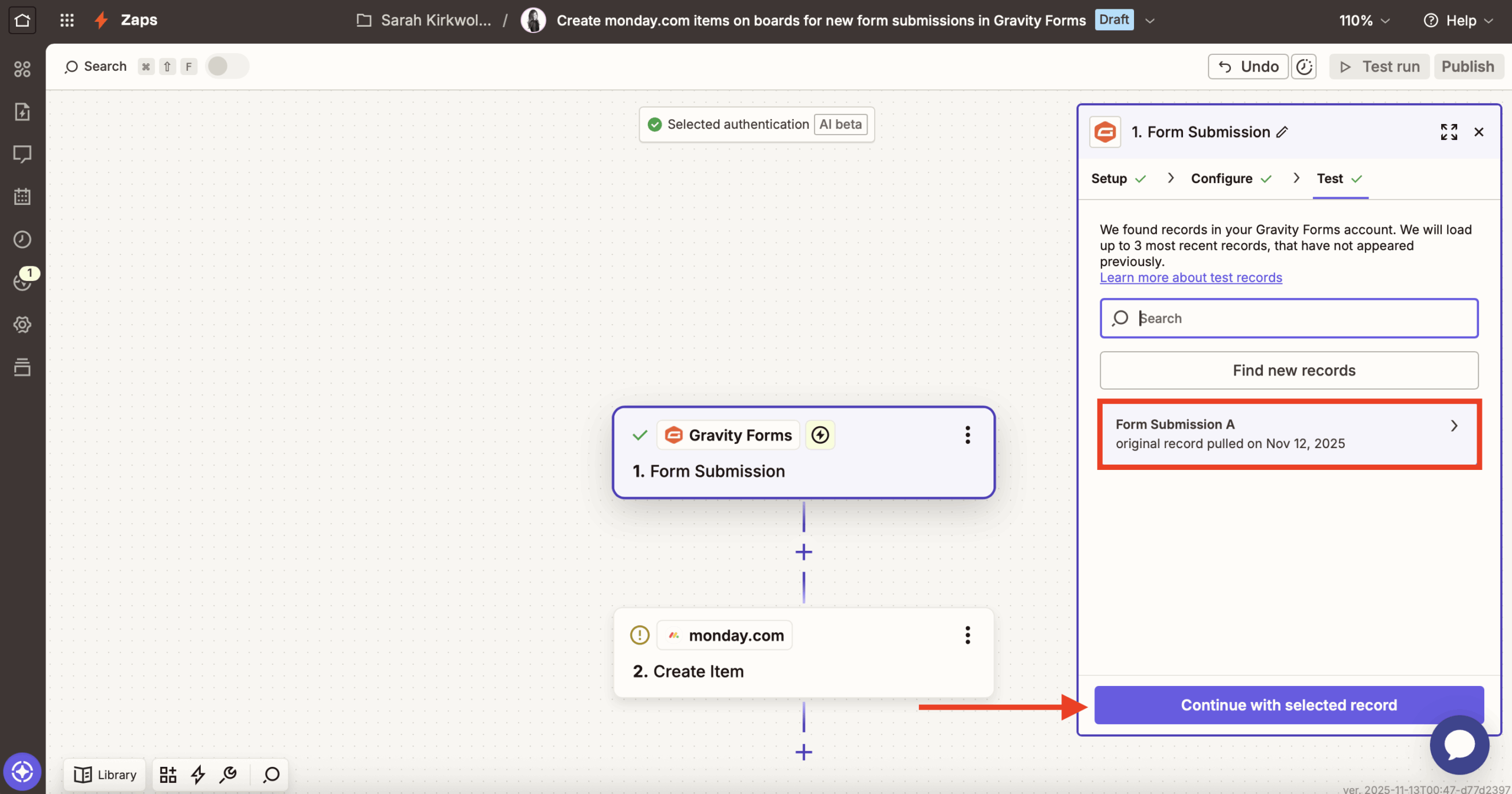 Zapier GF test submission record