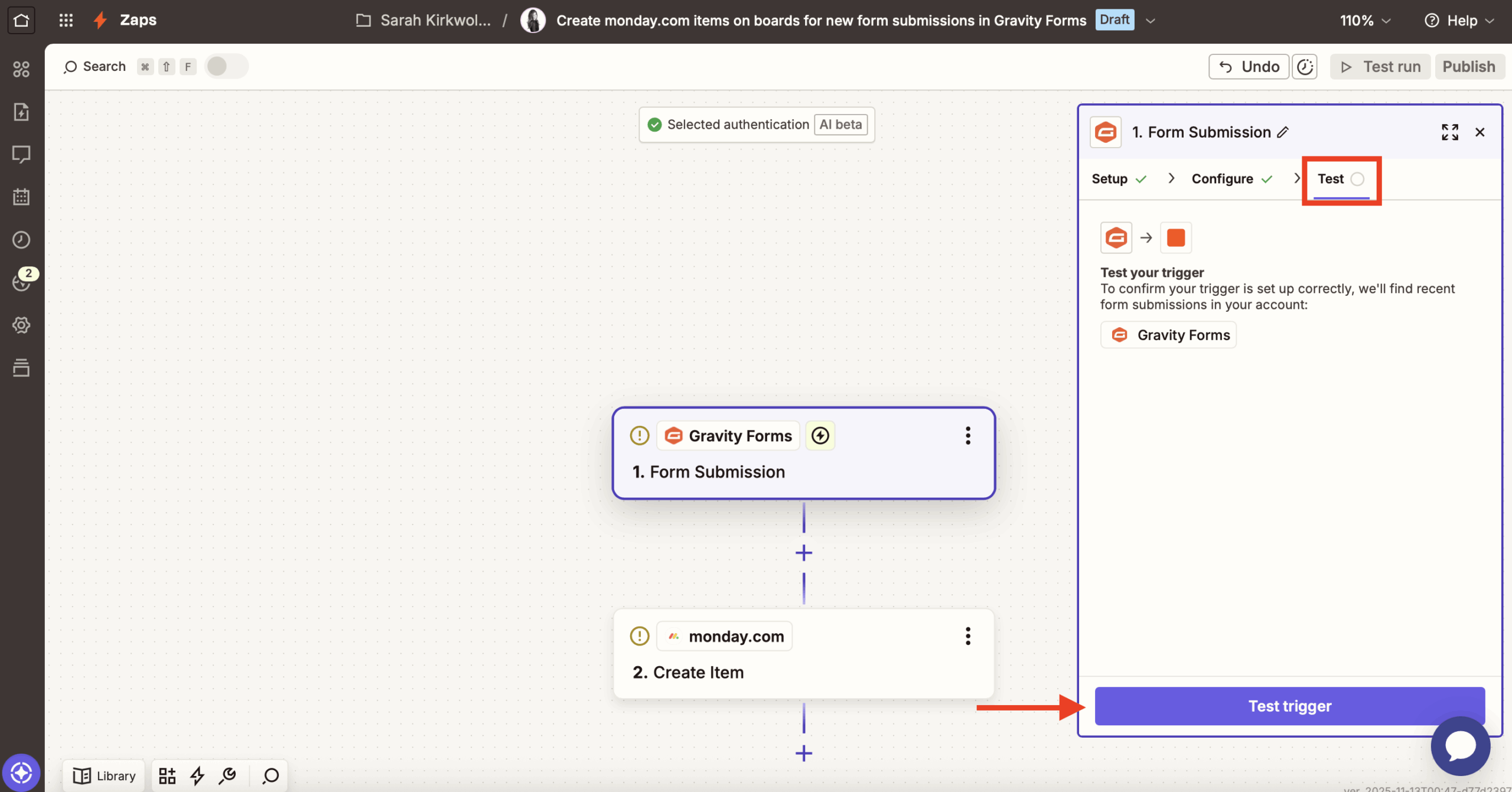 Zapier GF test trigger