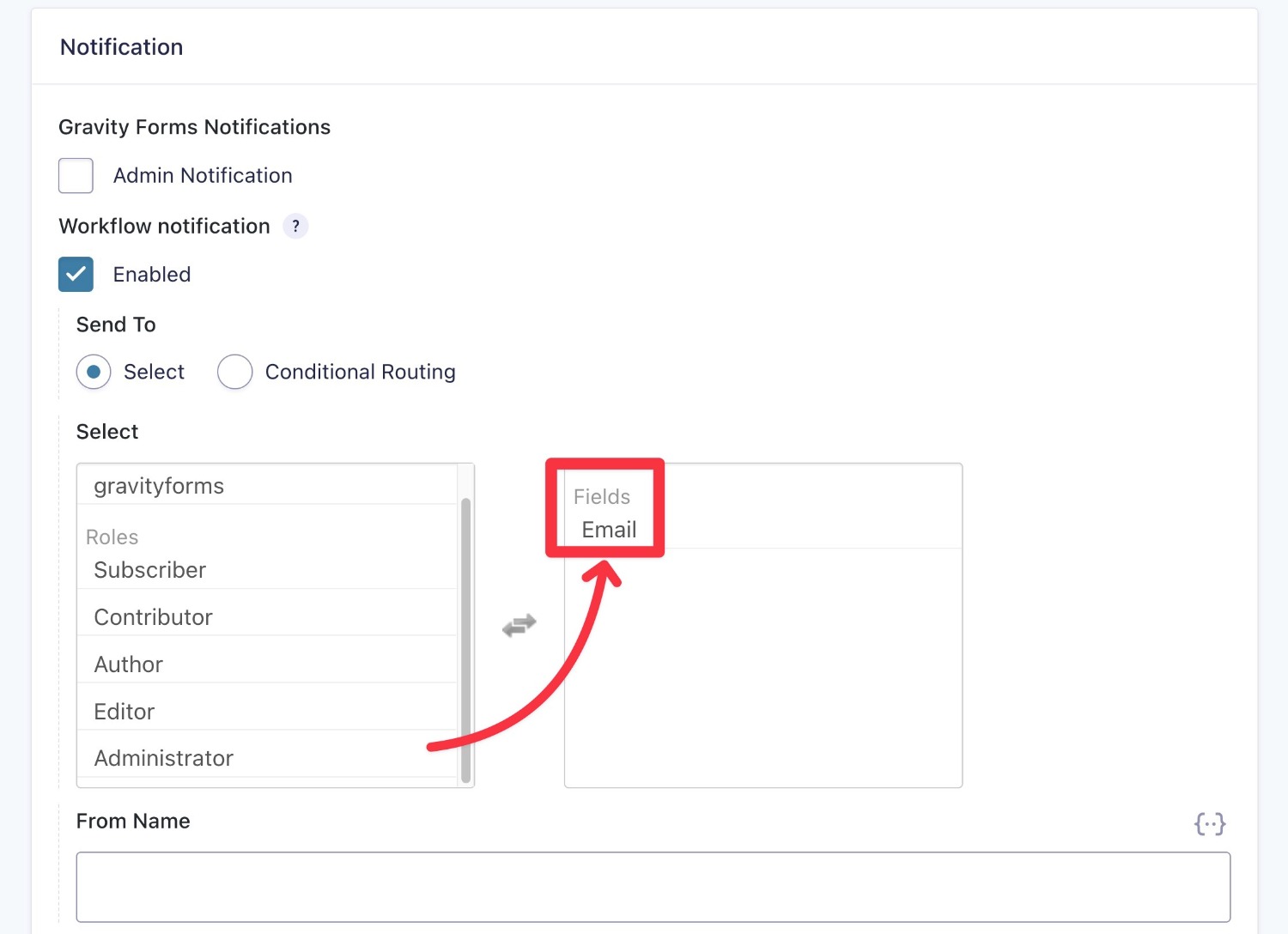 Choose the email field