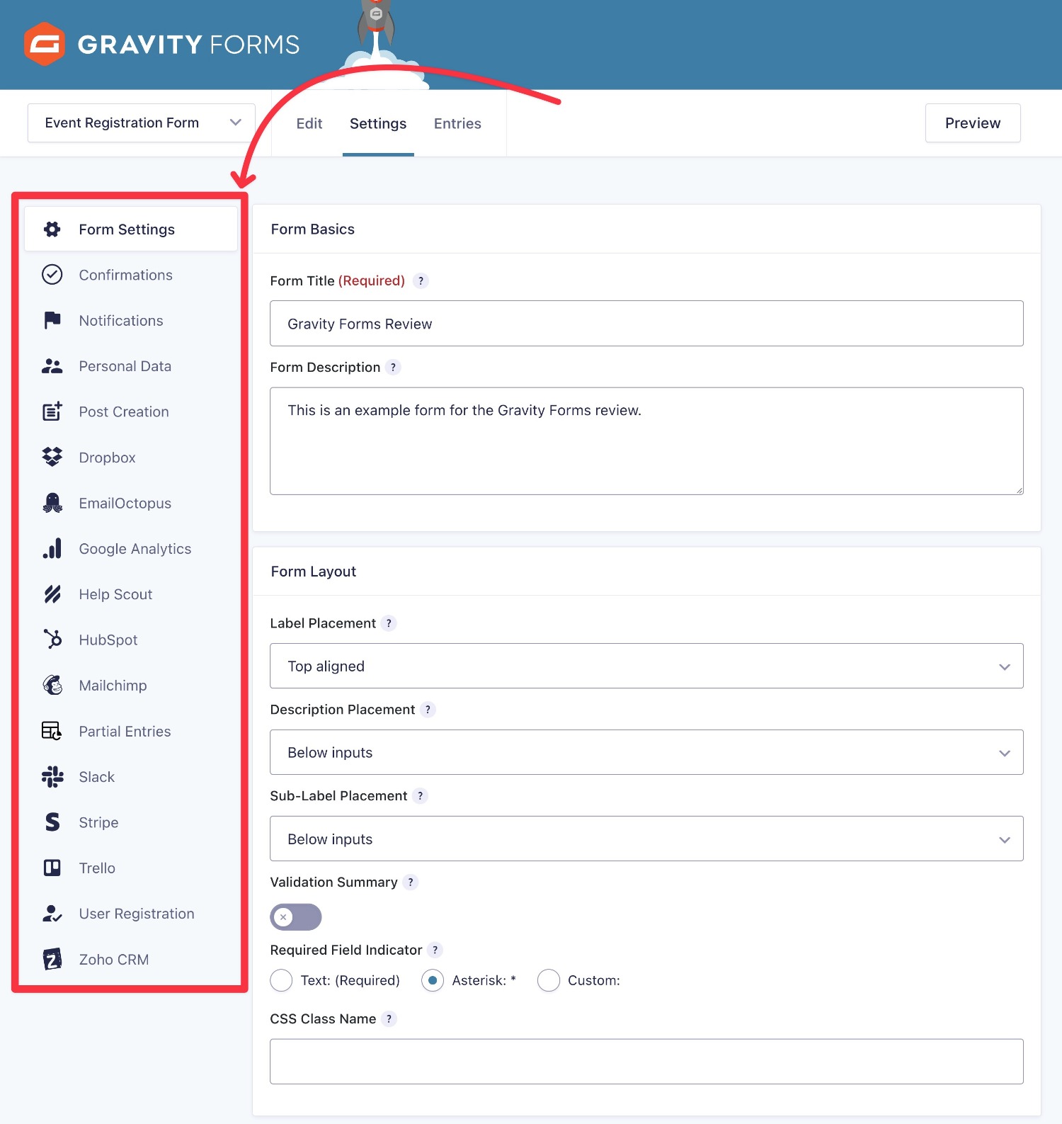 Form settings with more add-ons