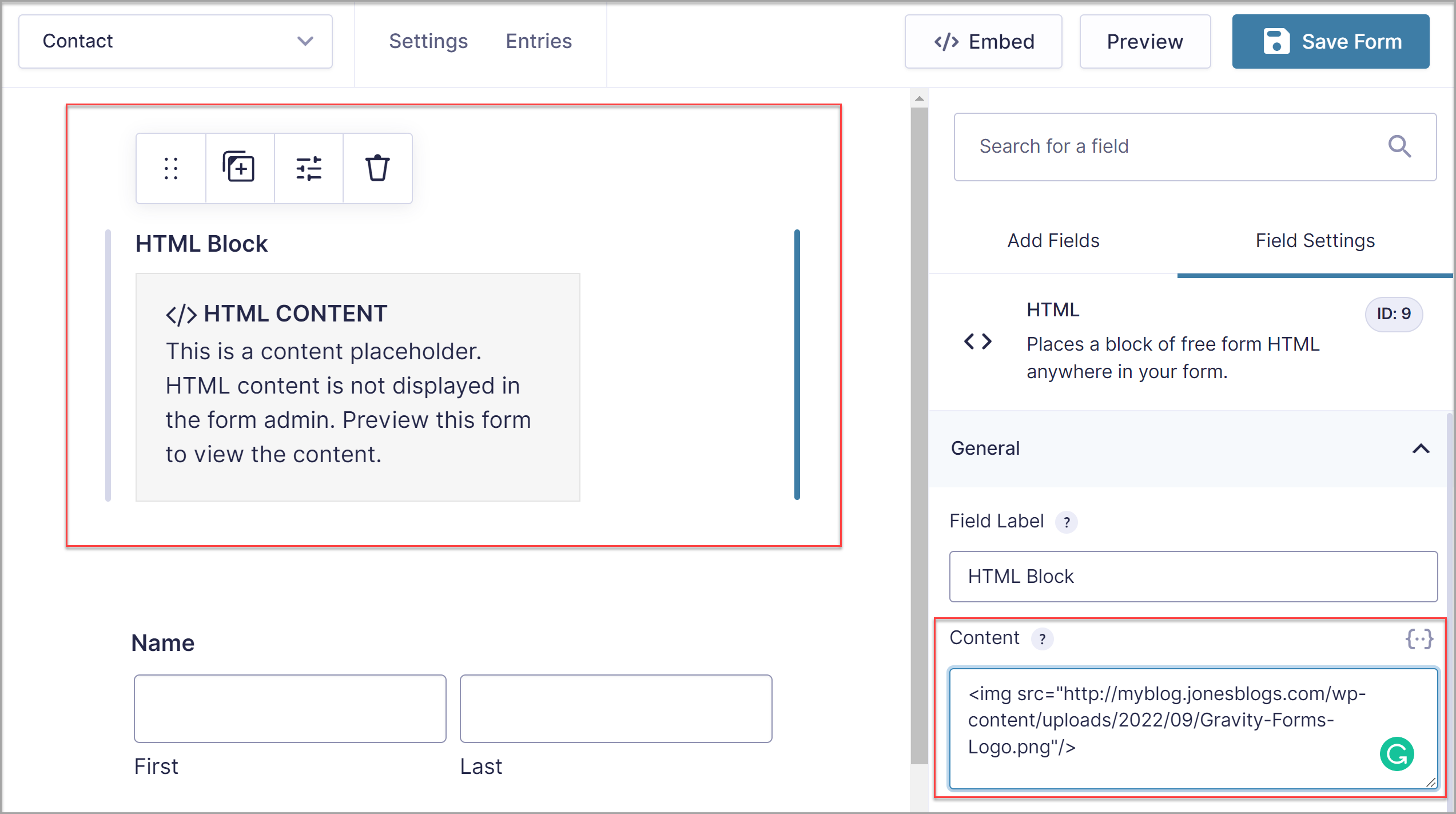 HTML Block Settings