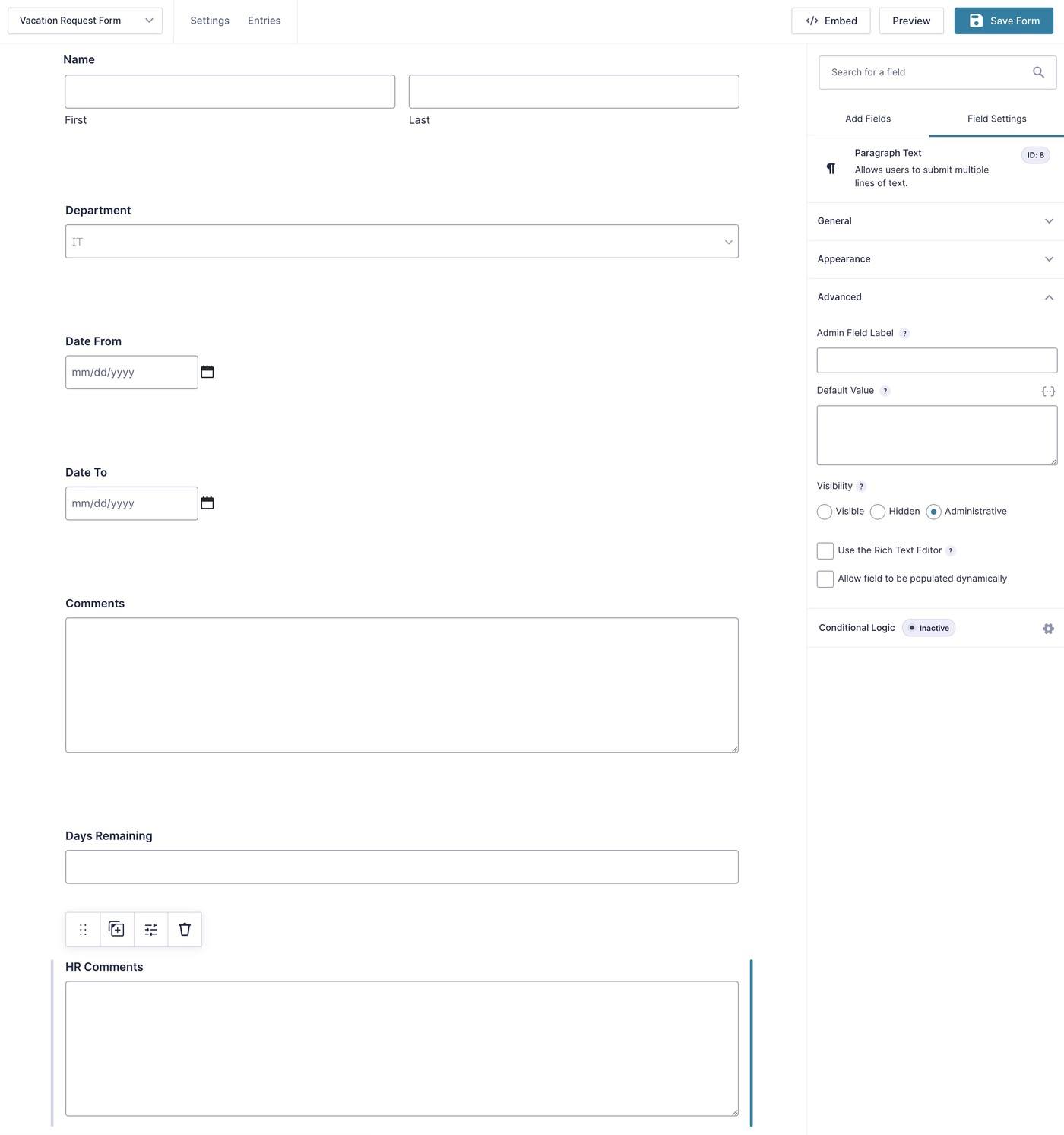 Vacation request form fields