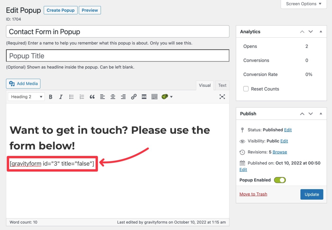 Add Gravity Forms shortcode to Popup Maker