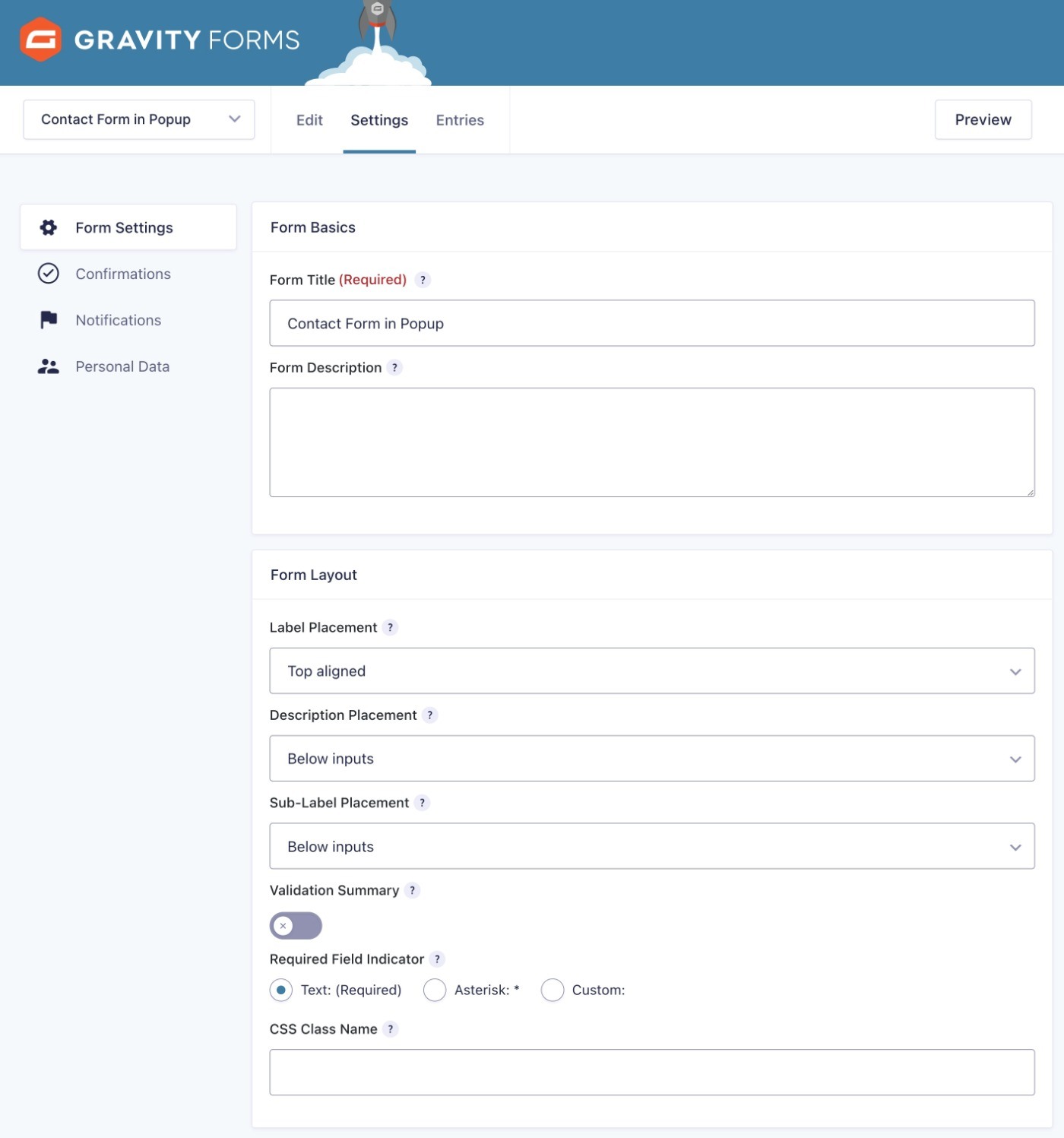 Edit form settings
