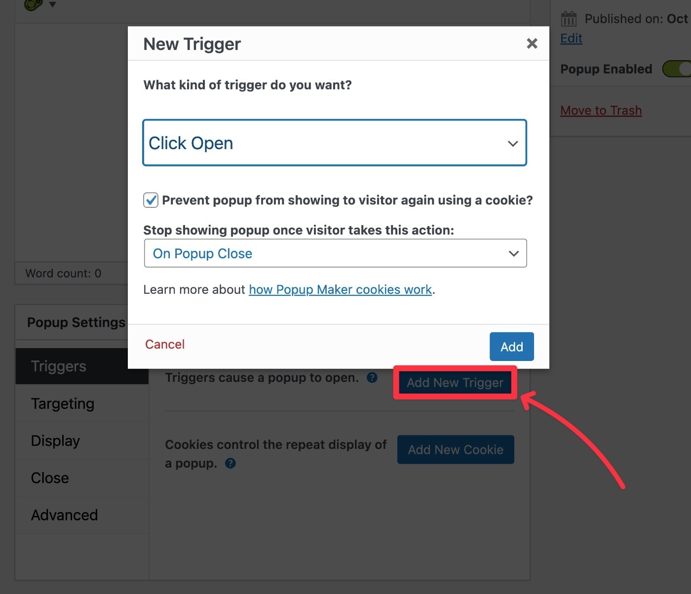 Configure popup trigger