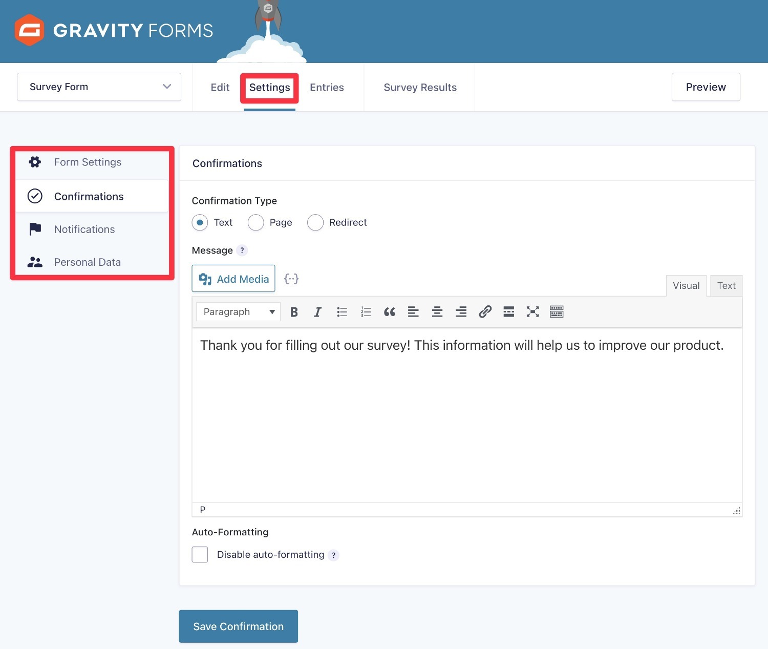 Customize the survey confirmation message