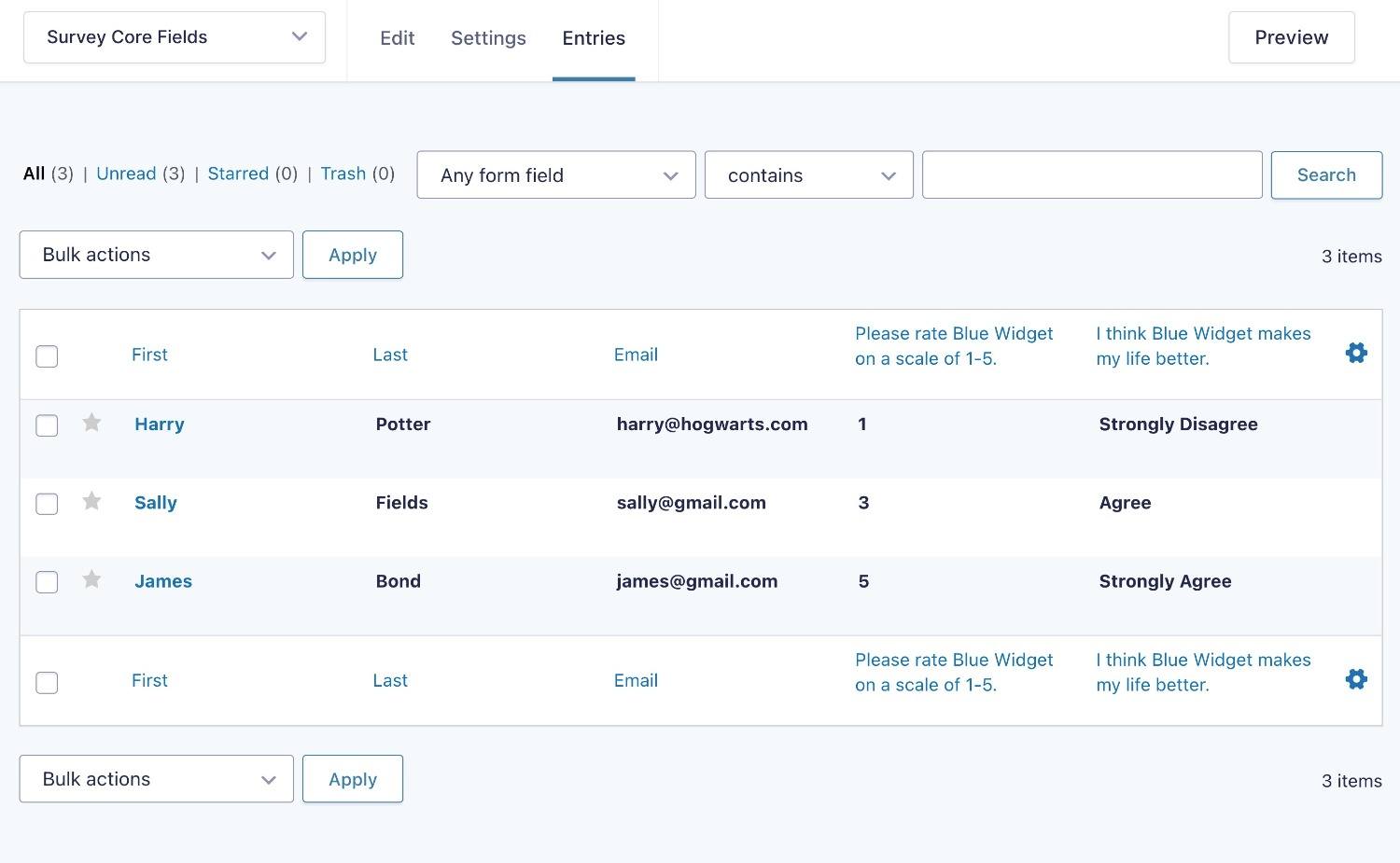 Survey responses in WordPress dashboard