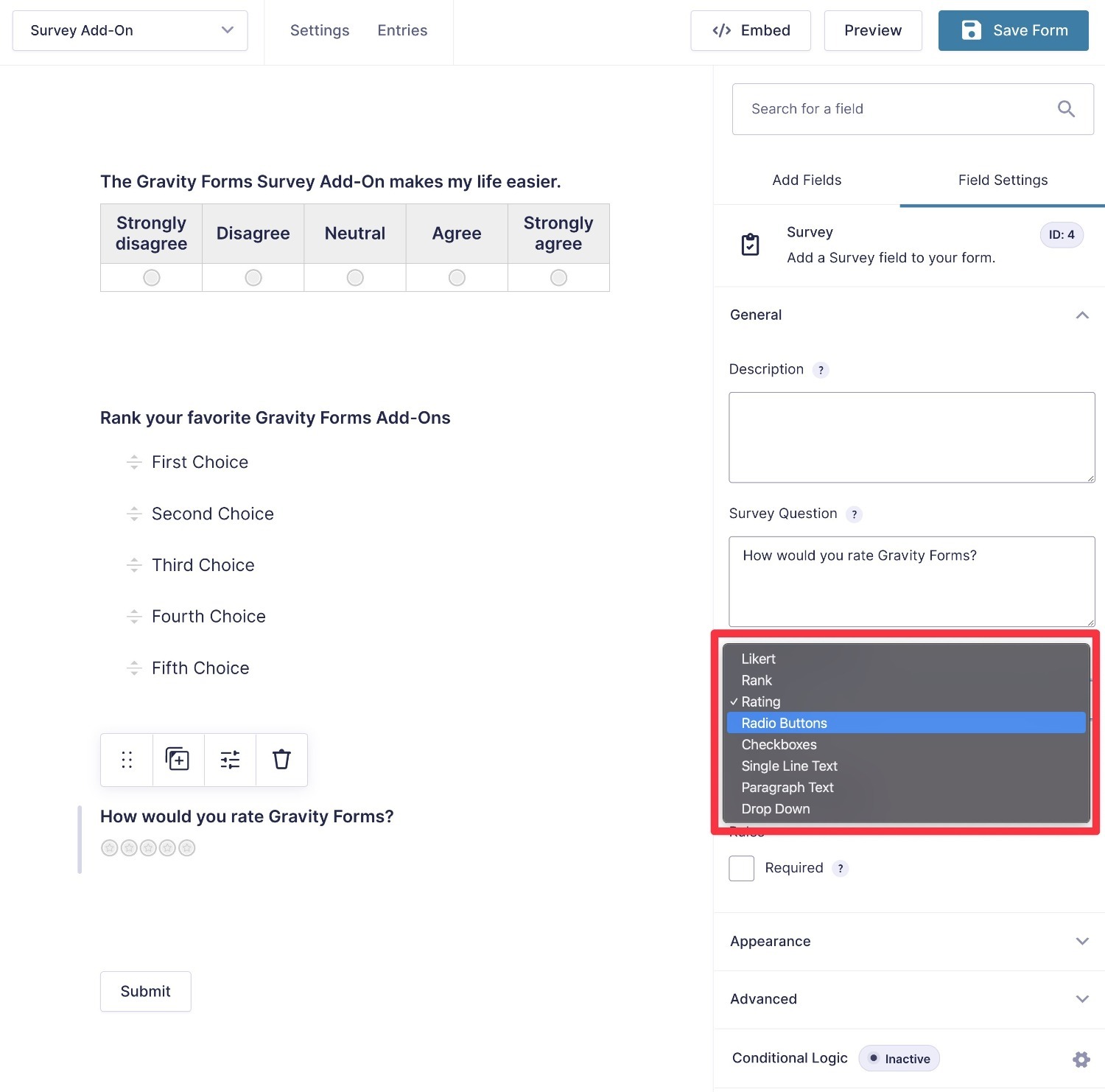 The Gravity Forms Survey Add-On field types