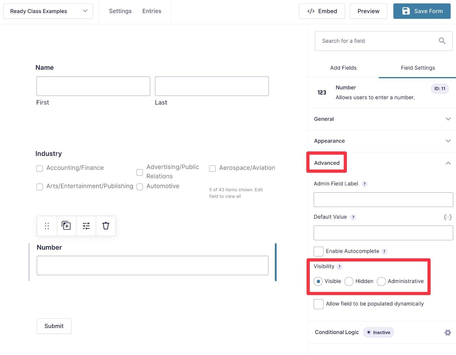 Visibility options