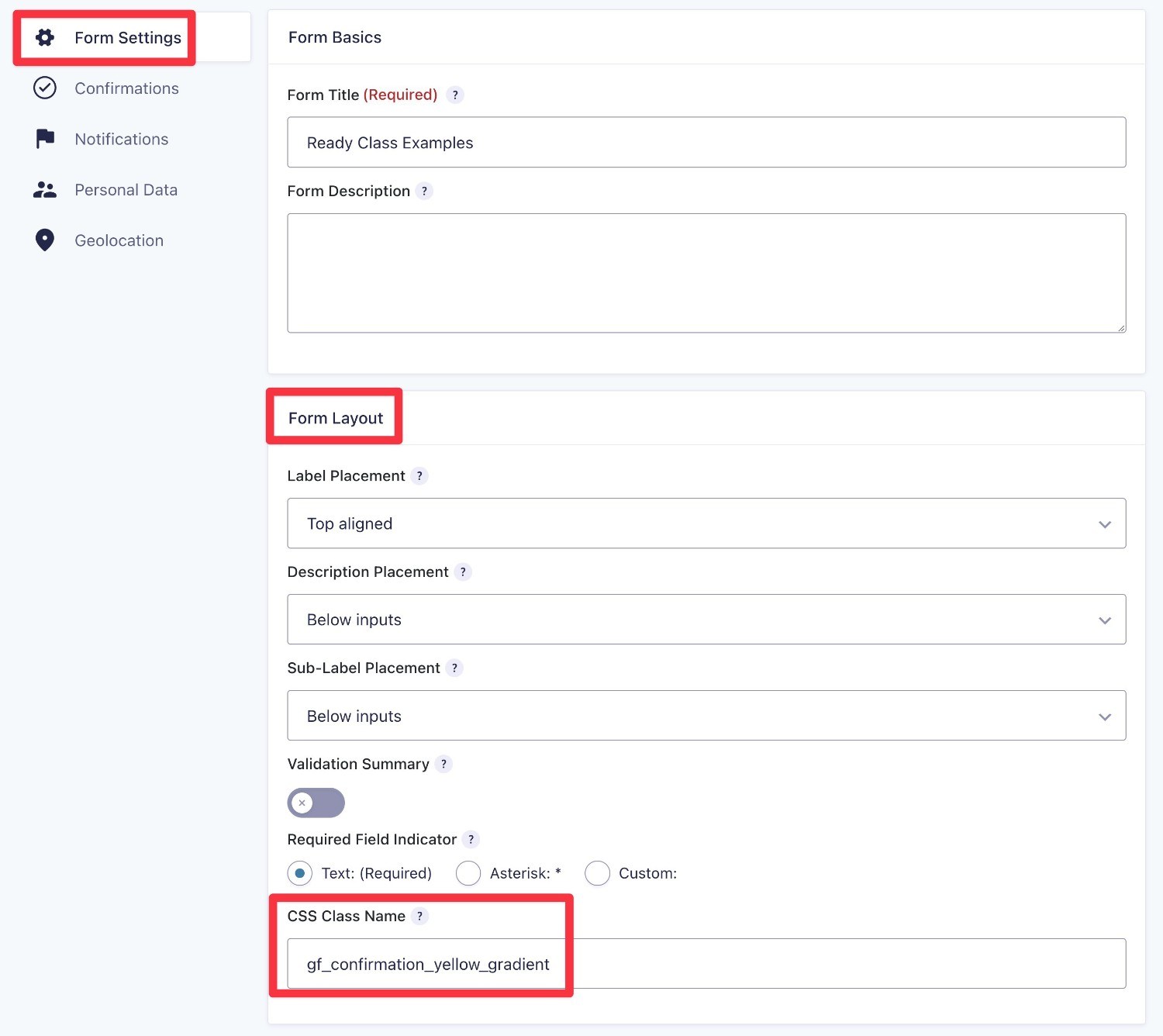 Adding ready classes in form settings