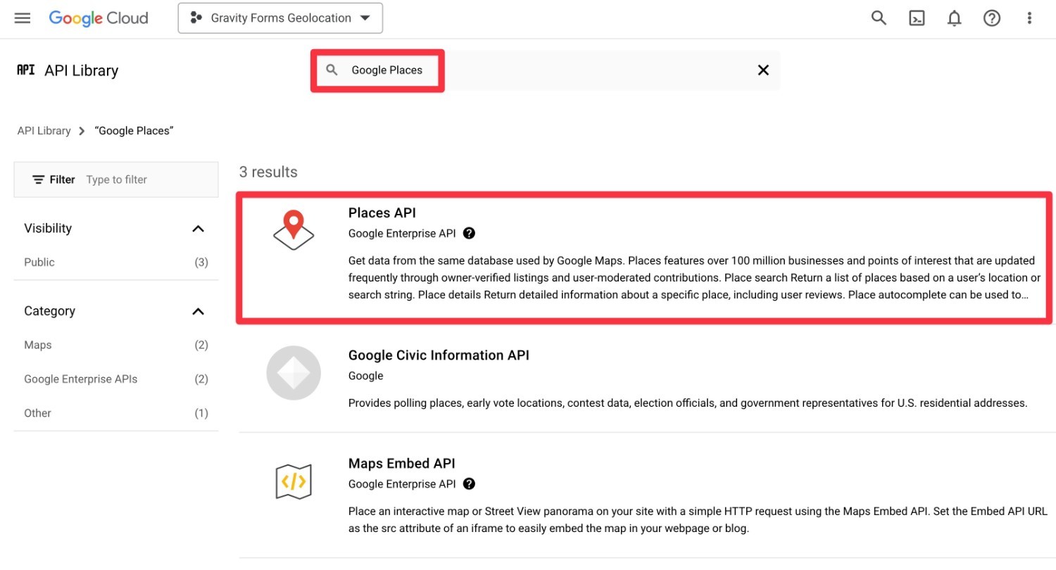 Search for Google Places
