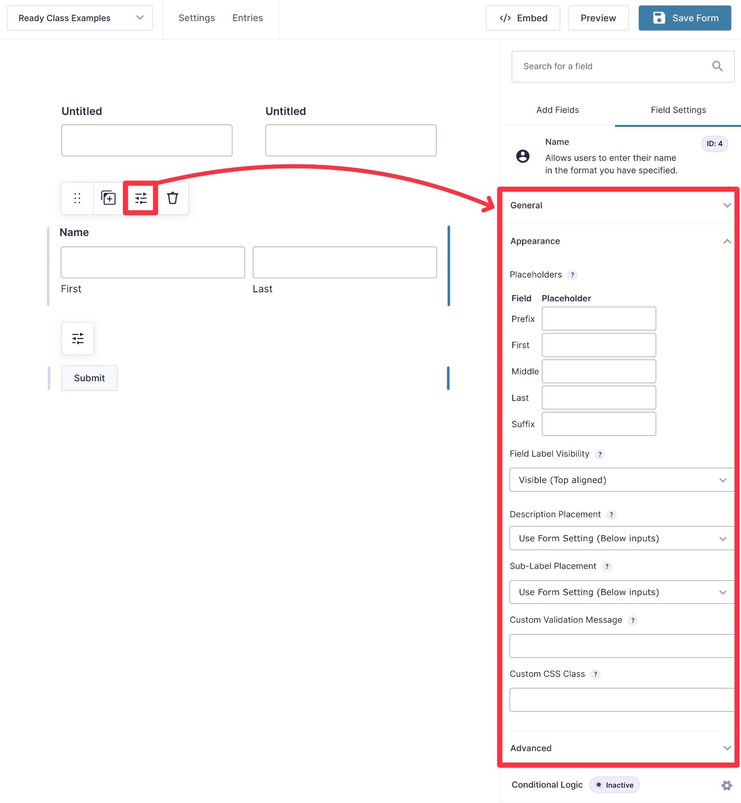 Gravity Forms editor appearance options