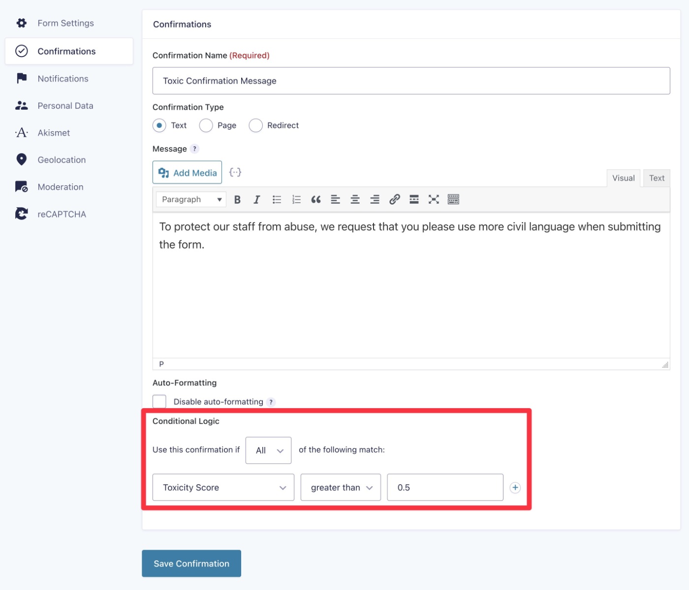 Using toxicity score in conditional logic