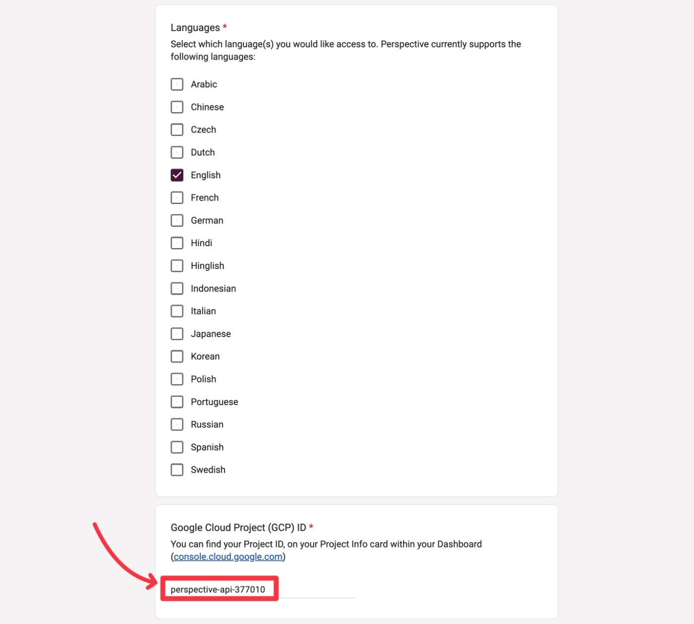 Add Project ID to perspective API form