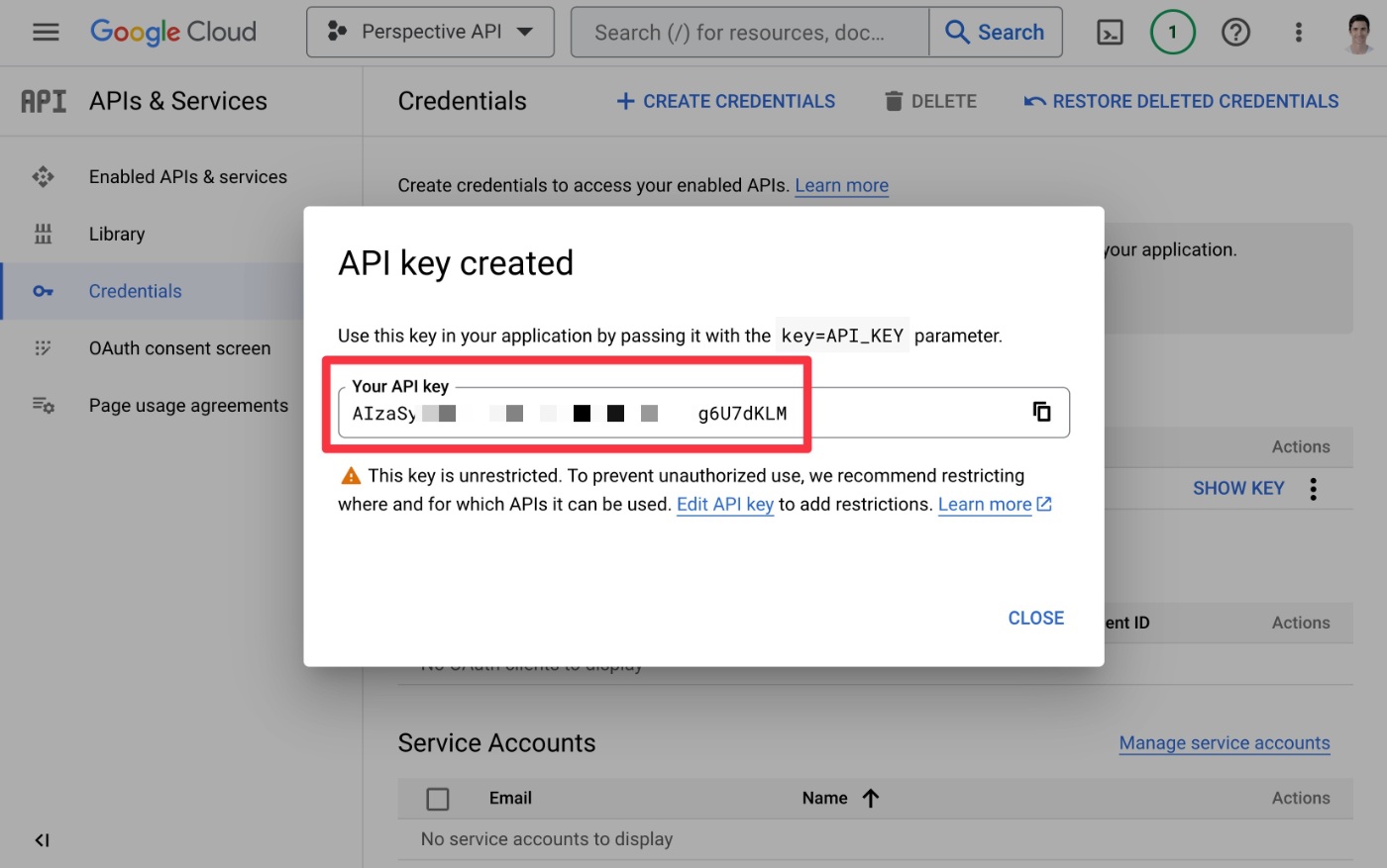 Perspective API key