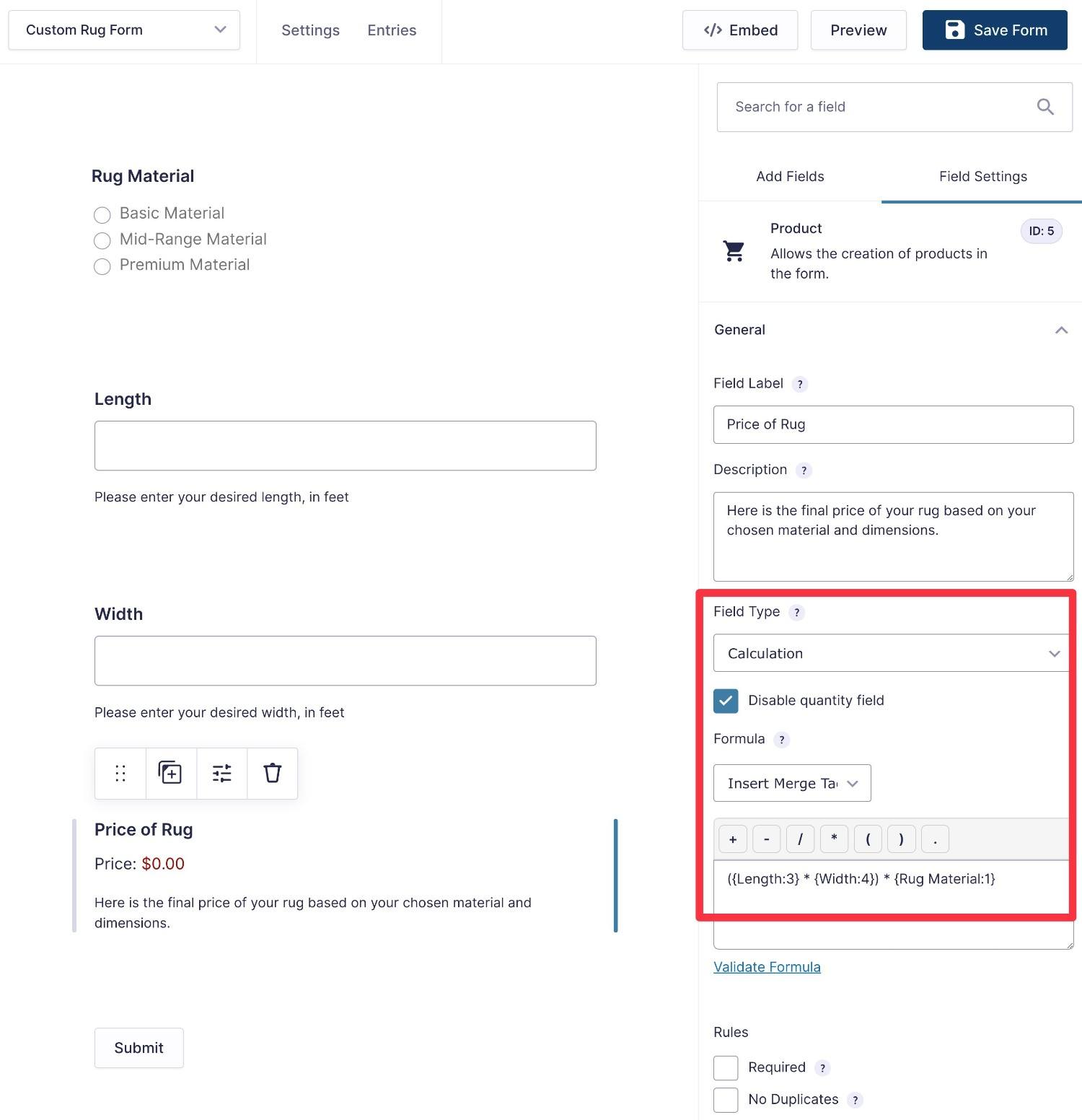 Gravity Forms product calculation formula