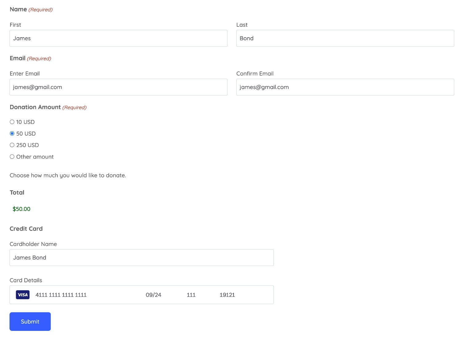Example of the WordPress monthly donation form