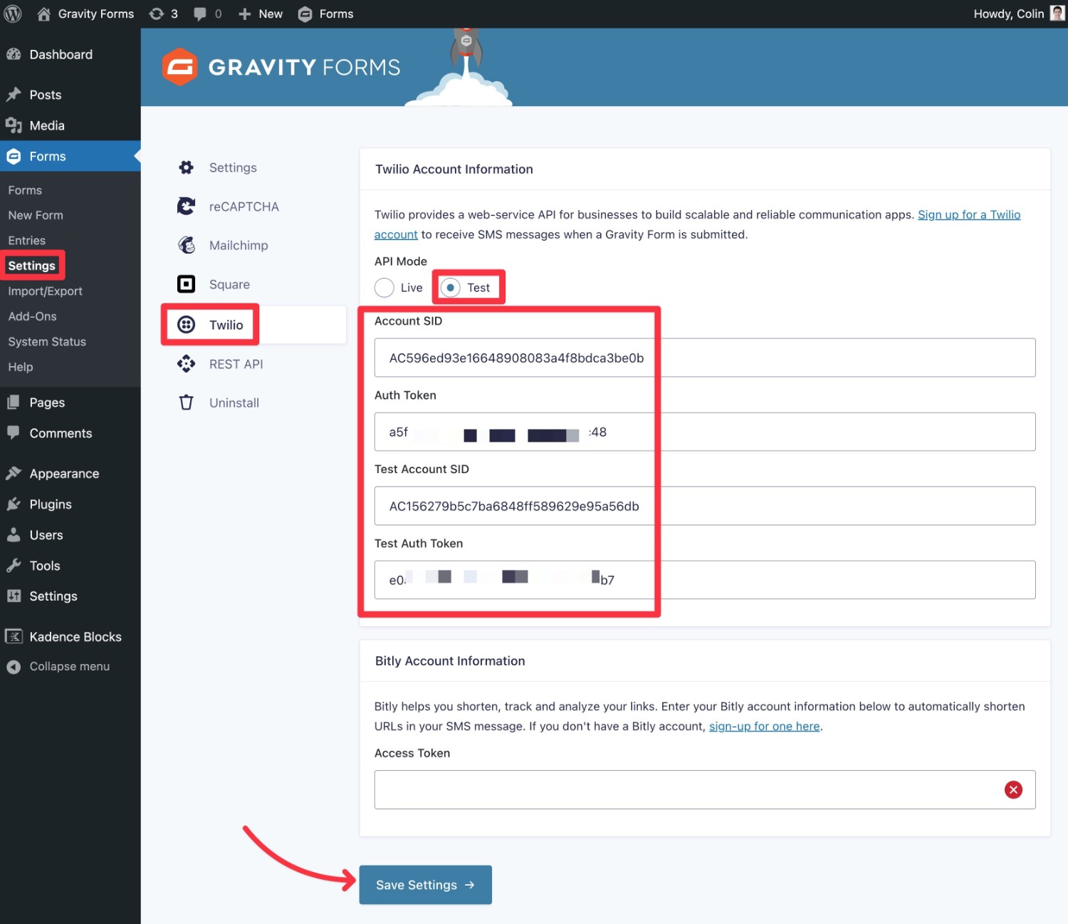 Add Twilio API keys to Gravity Forms