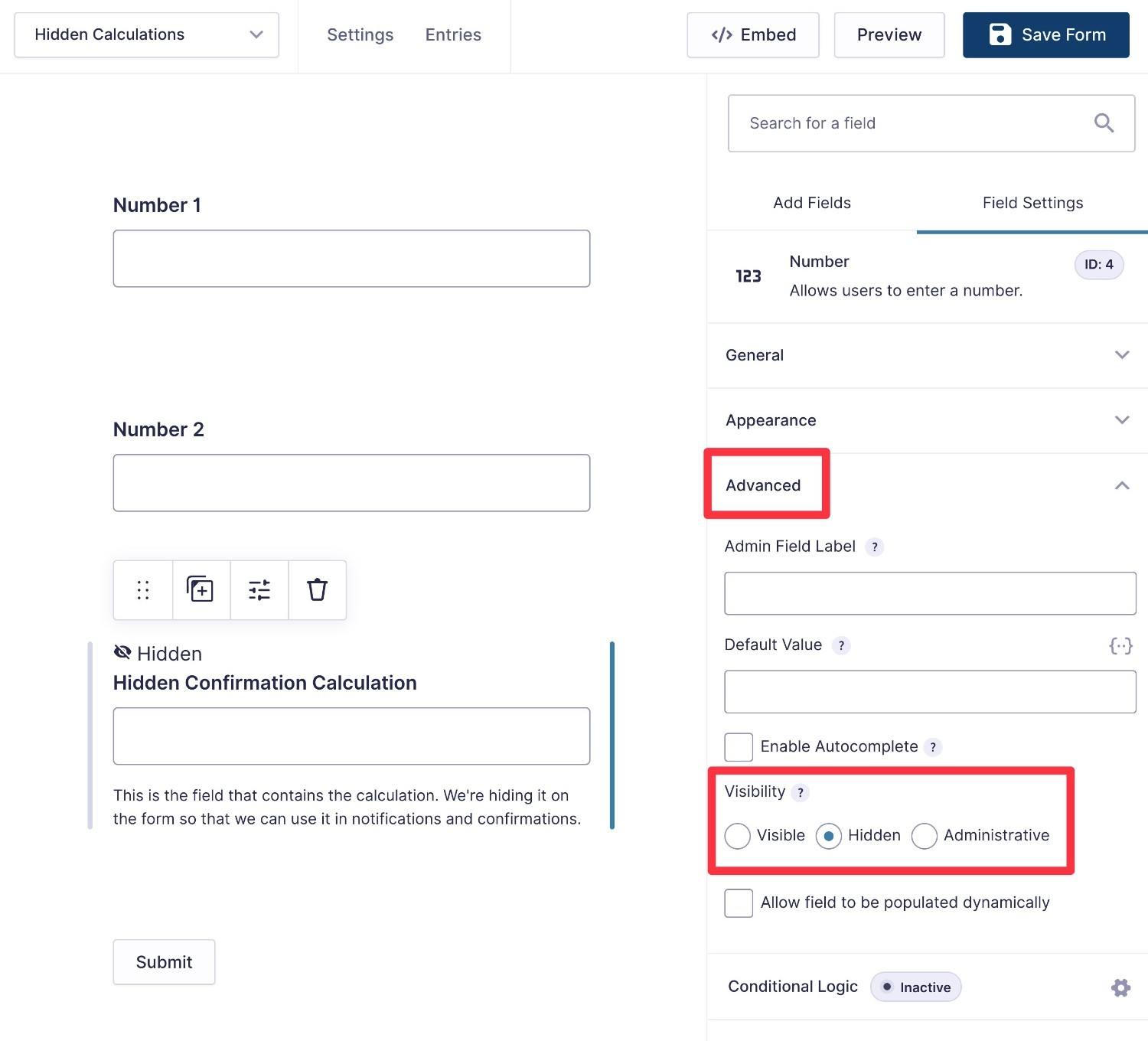 Hidden calculation field